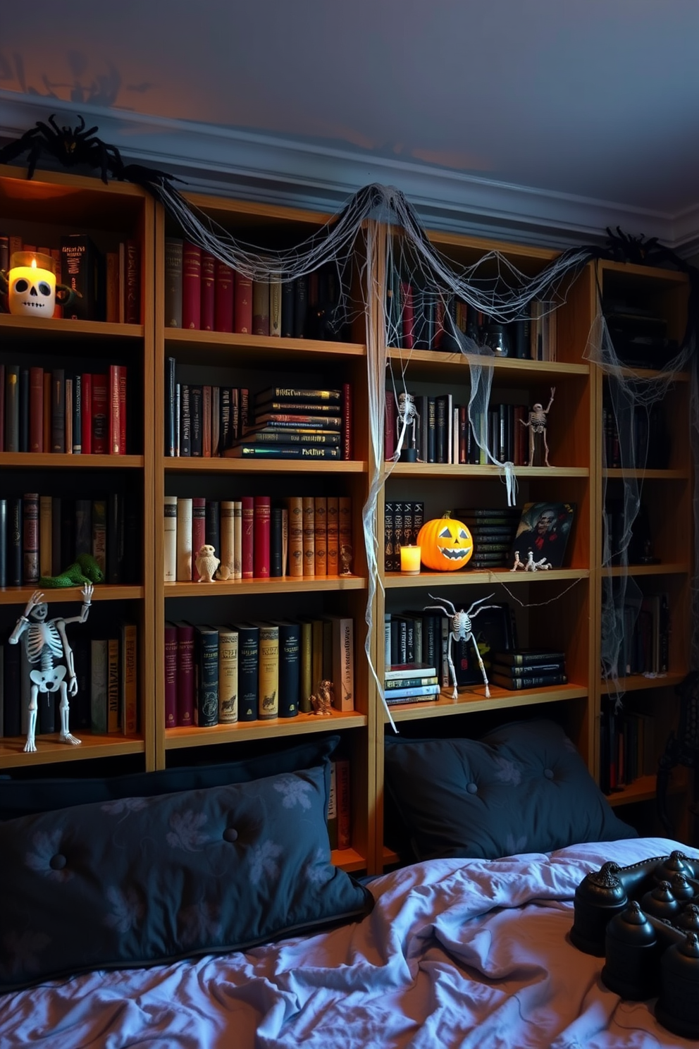 A Halloween-themed bedroom features bookshelves adorned with creepy crawly decorations. Spiders, skeletons, and cobwebs create an eerie atmosphere, while dim lighting adds to the spooky ambiance.