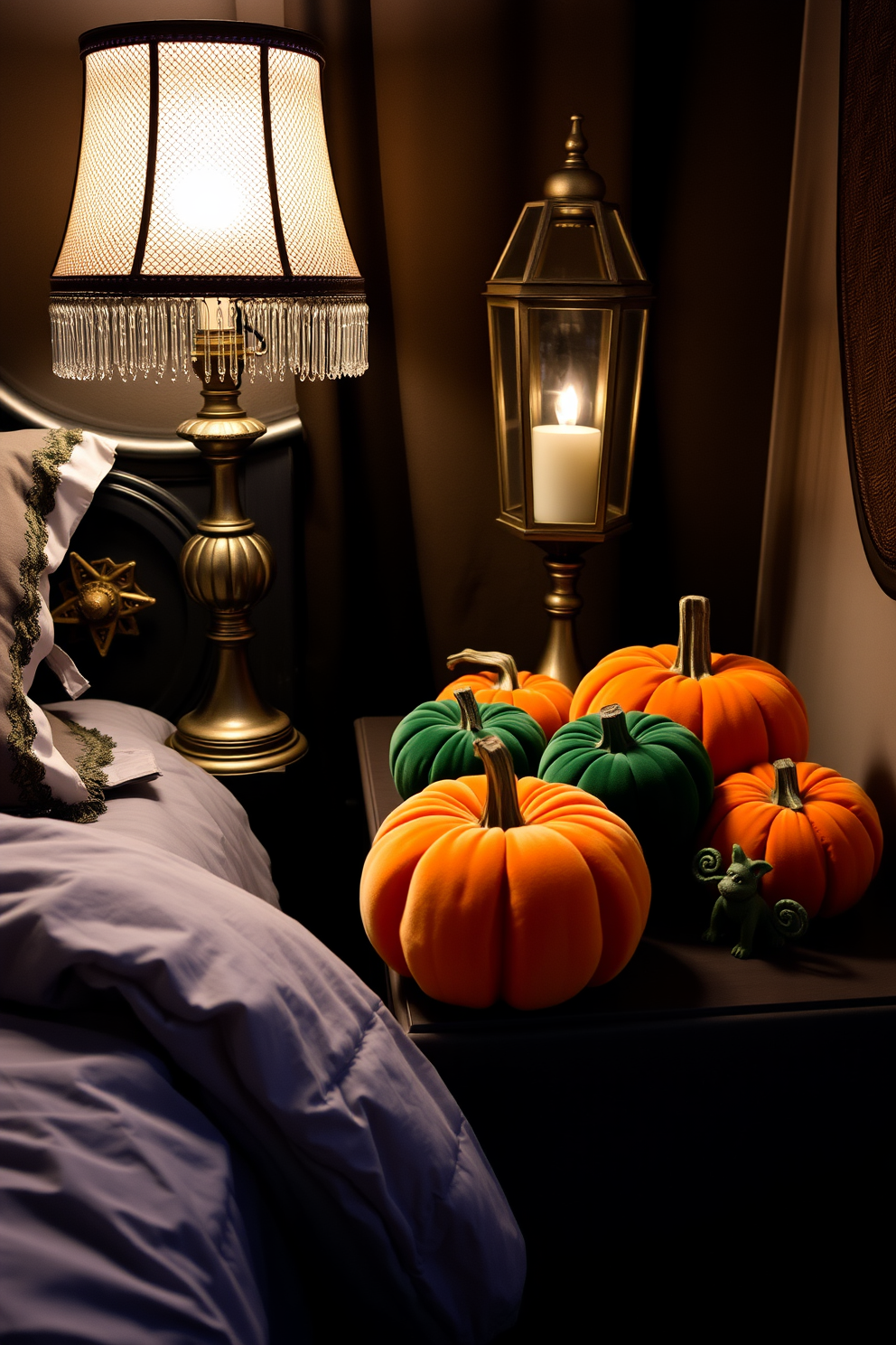 A cozy Halloween-themed bedroom features a nightstand adorned with plush velvet pumpkins in varying sizes and shades of orange and deep green. The soft glow of a vintage lamp casts warm light over the scene, enhancing the festive ambiance.