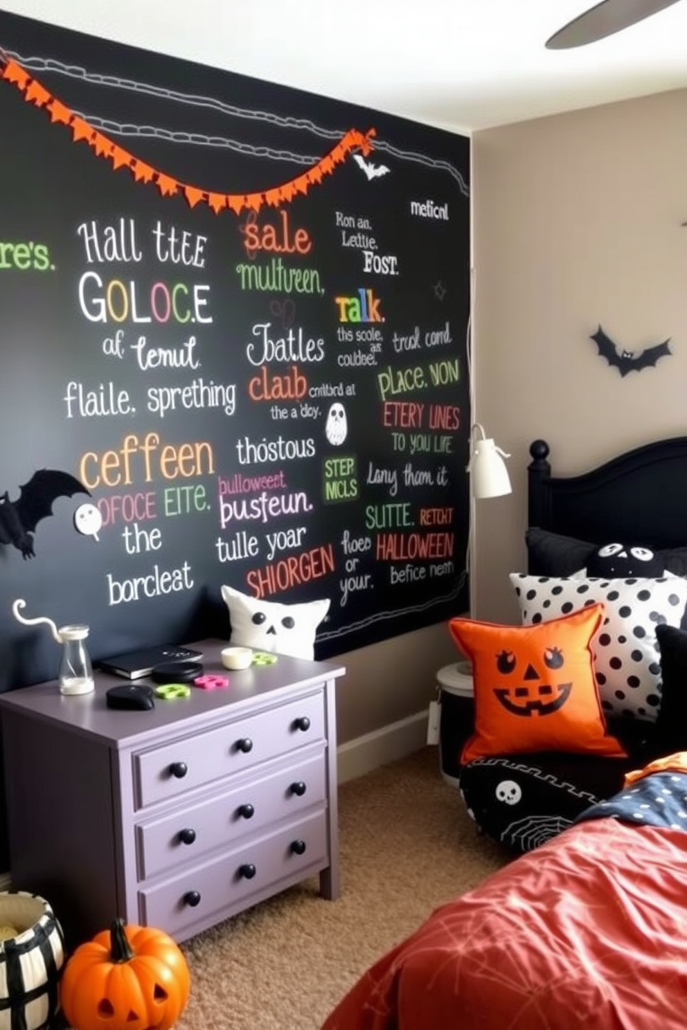 A whimsical bedroom setting designed for Halloween. The walls are adorned with a large chalkboard featuring spooky quotes in playful, colorful chalk.