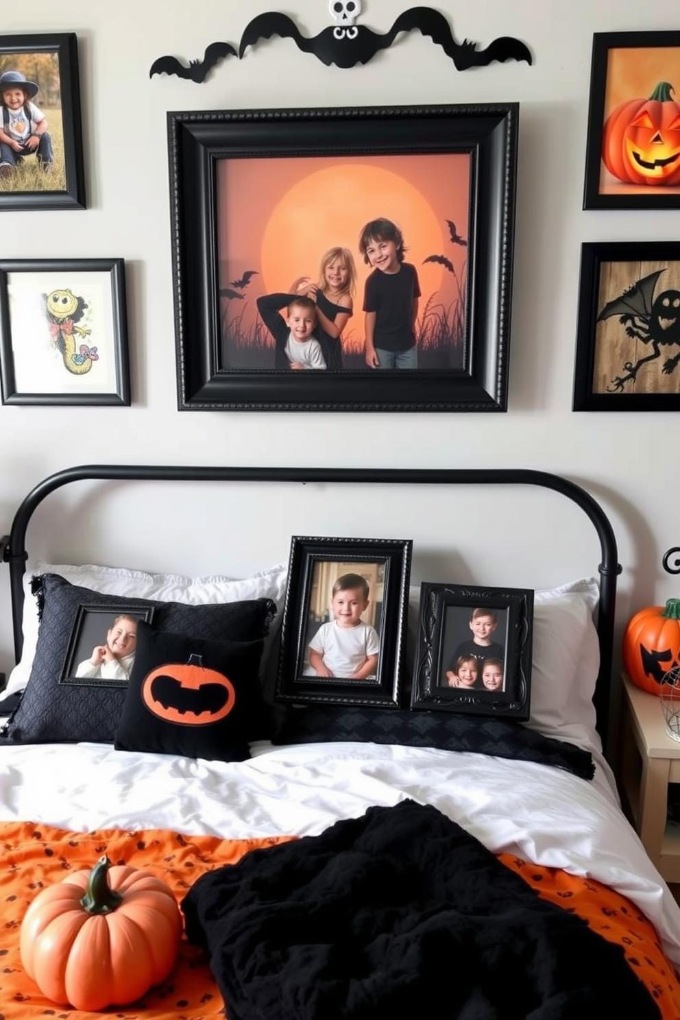 Create a cozy Halloween-themed bedroom featuring framed family photos displayed in whimsical Halloween frames. The room is adorned with festive decorations such as spooky wall art, orange and black bedding, and playful pumpkin accents.