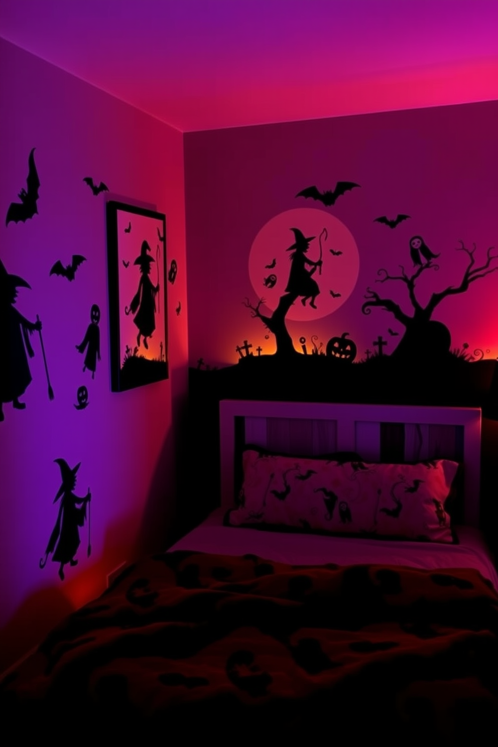 Create a whimsical Halloween-themed bedroom featuring silhouette art of witches and ghosts adorning the walls. The room is dimly lit with soft orange and purple hues, enhancing the spooky yet cozy atmosphere.