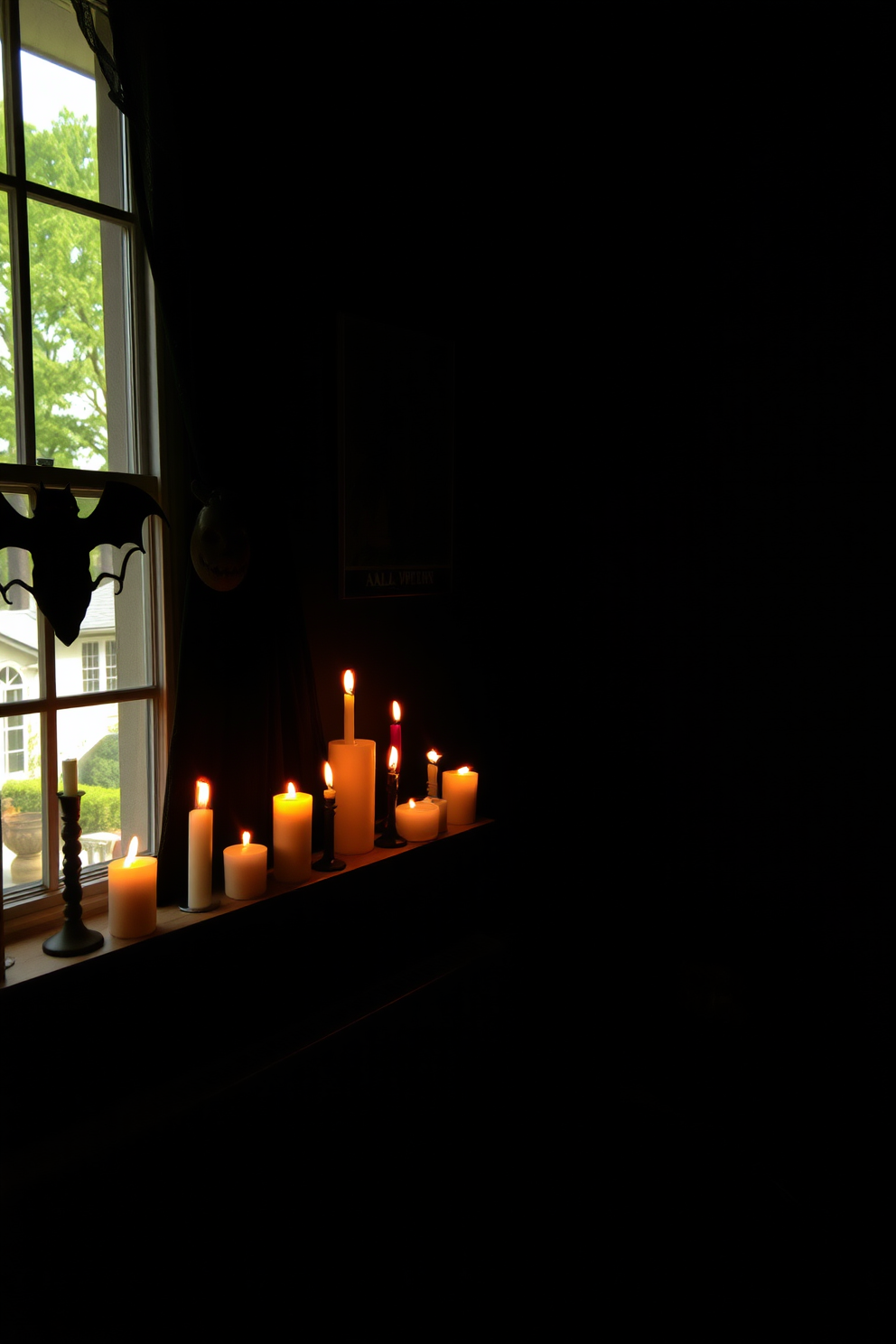 A Halloween-themed bedroom features candles in eerie shapes arranged on the windowsill, casting flickering shadows across the room. The walls are adorned with dark, moody colors and spooky artwork, creating an atmosphere of mystery and intrigue.