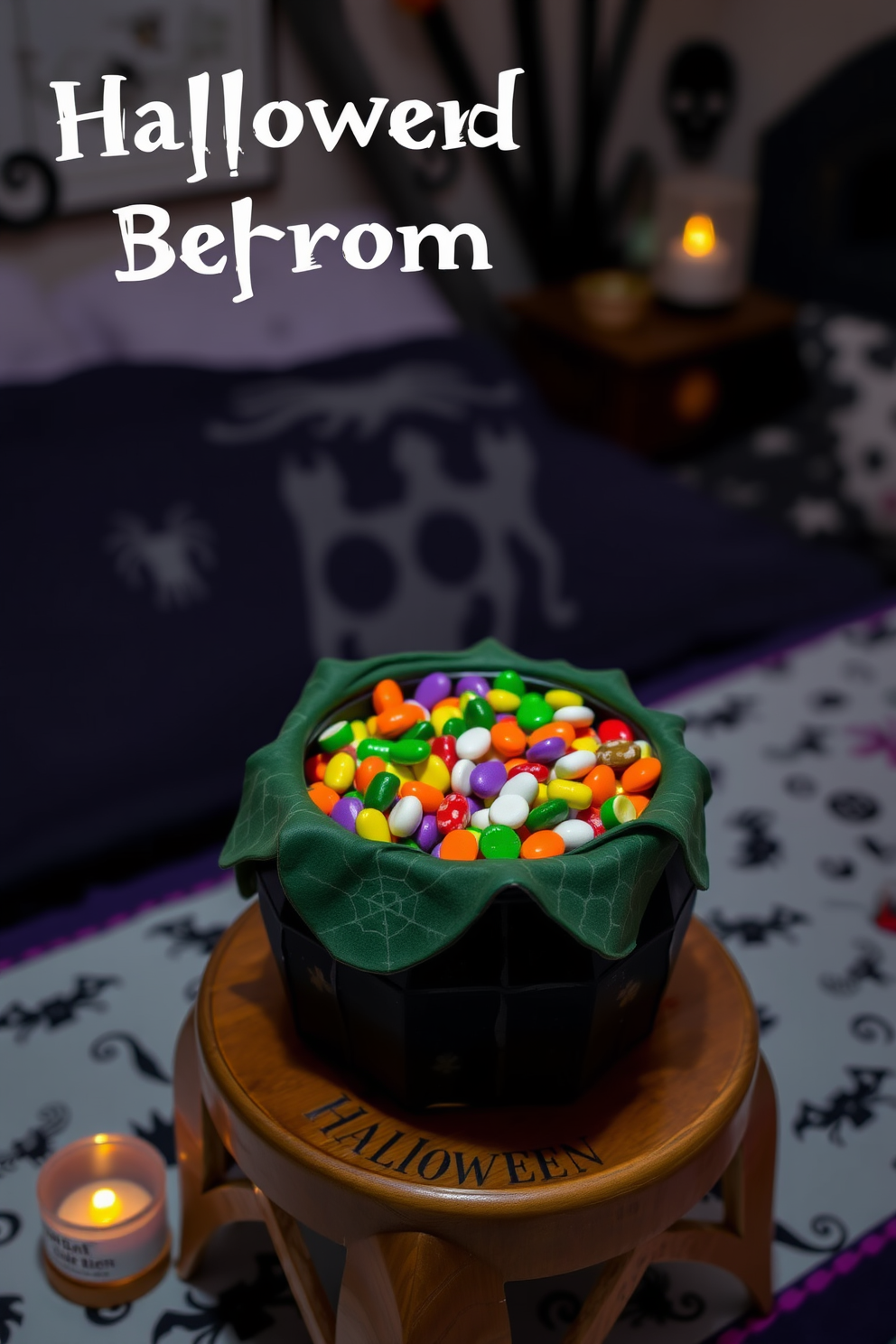 A whimsical Halloween bedroom setting features a decorative cauldron filled with an assortment of colorful candies. The cauldron sits on a small wooden table adorned with spooky-themed tablecloth and flickering candlelight.