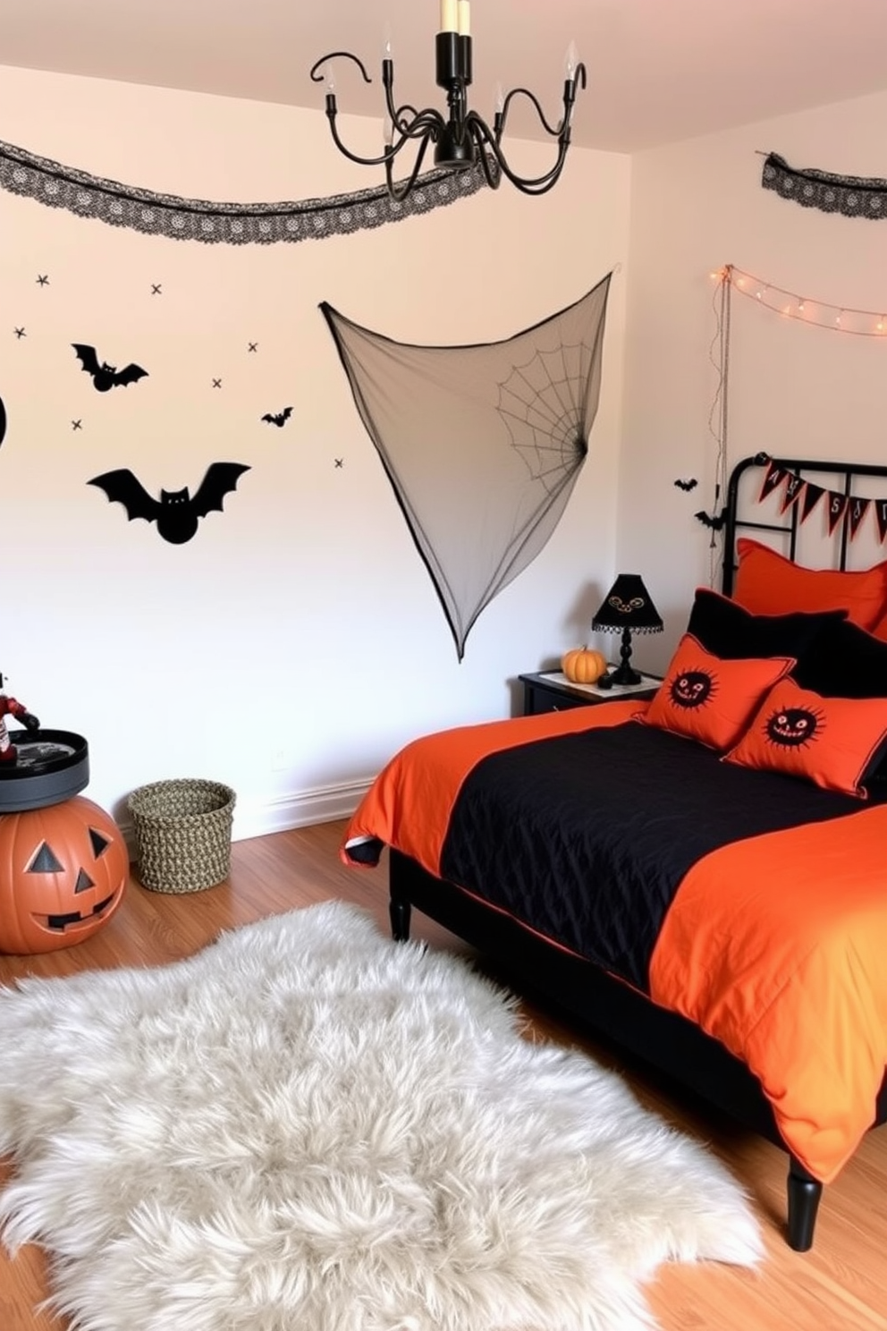 A cozy Halloween-themed bedroom features a plush faux fur rug that adds warmth underfoot. The walls are adorned with subtle spooky decorations, and a bed dressed in orange and black linens invites a festive atmosphere.