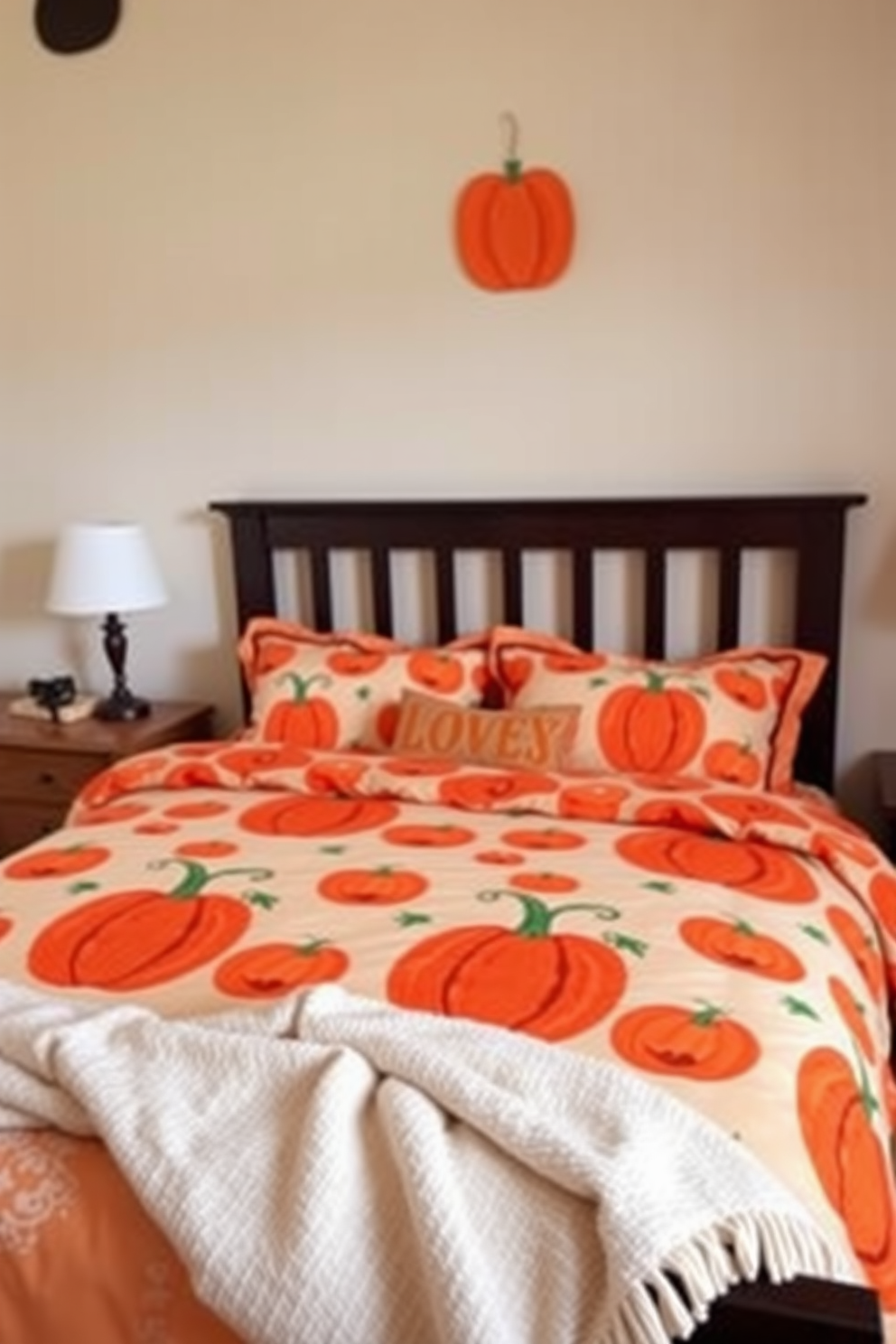 A warm and inviting bedroom featuring pumpkin-themed bedding that creates a cozy atmosphere for Halloween nights. The comforter is adorned with playful pumpkin patterns, complemented by matching pillowcases and a soft throw blanket draped at the foot of the bed.