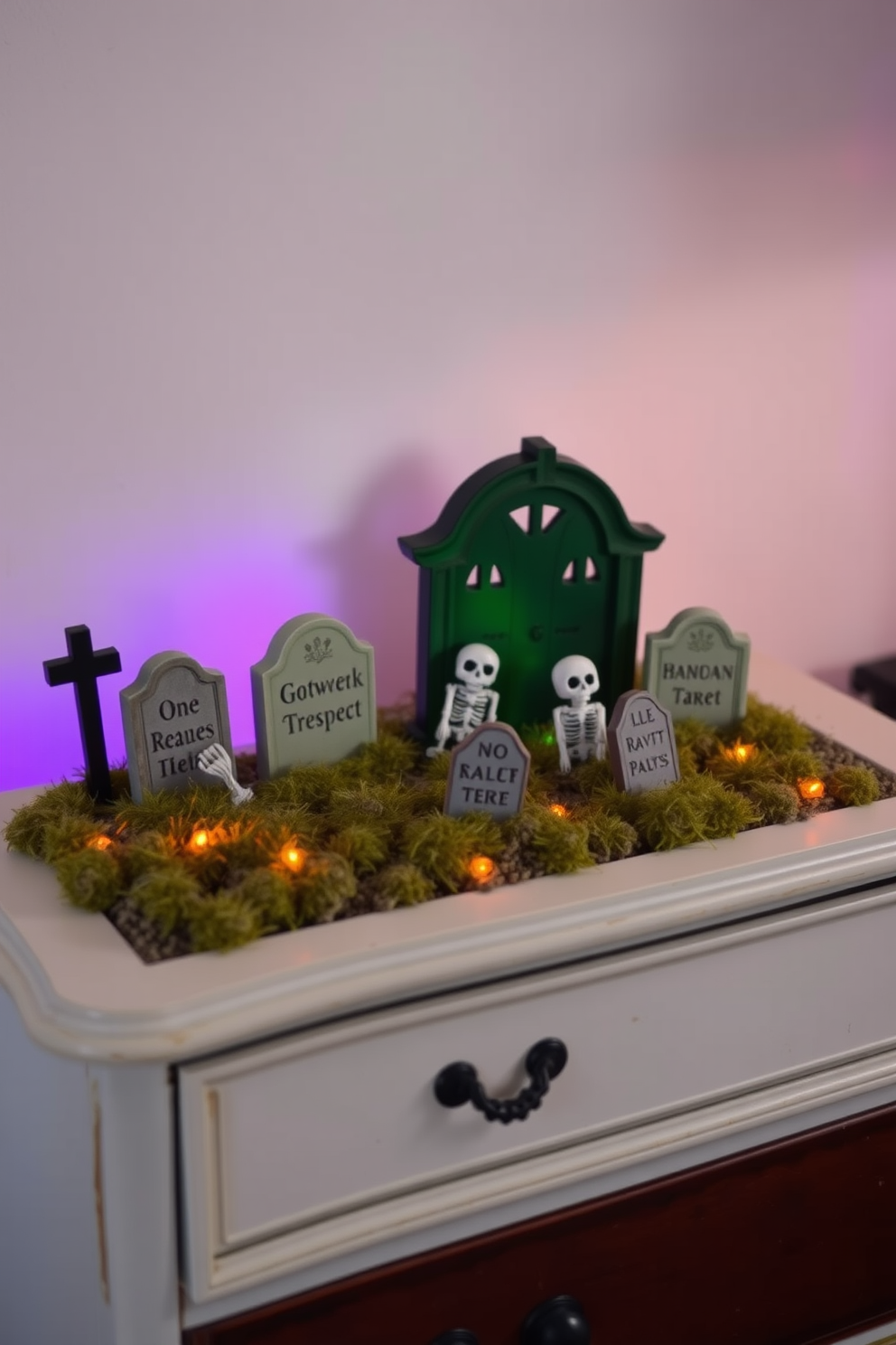 A whimsical miniature graveyard scene is set on a vintage dresser, featuring tiny tombstones and playful skeletons peeking out from behind faux gravestones. Soft orange and purple lights illuminate the scene, creating a spooky yet inviting atmosphere for Halloween bedroom decorating ideas.