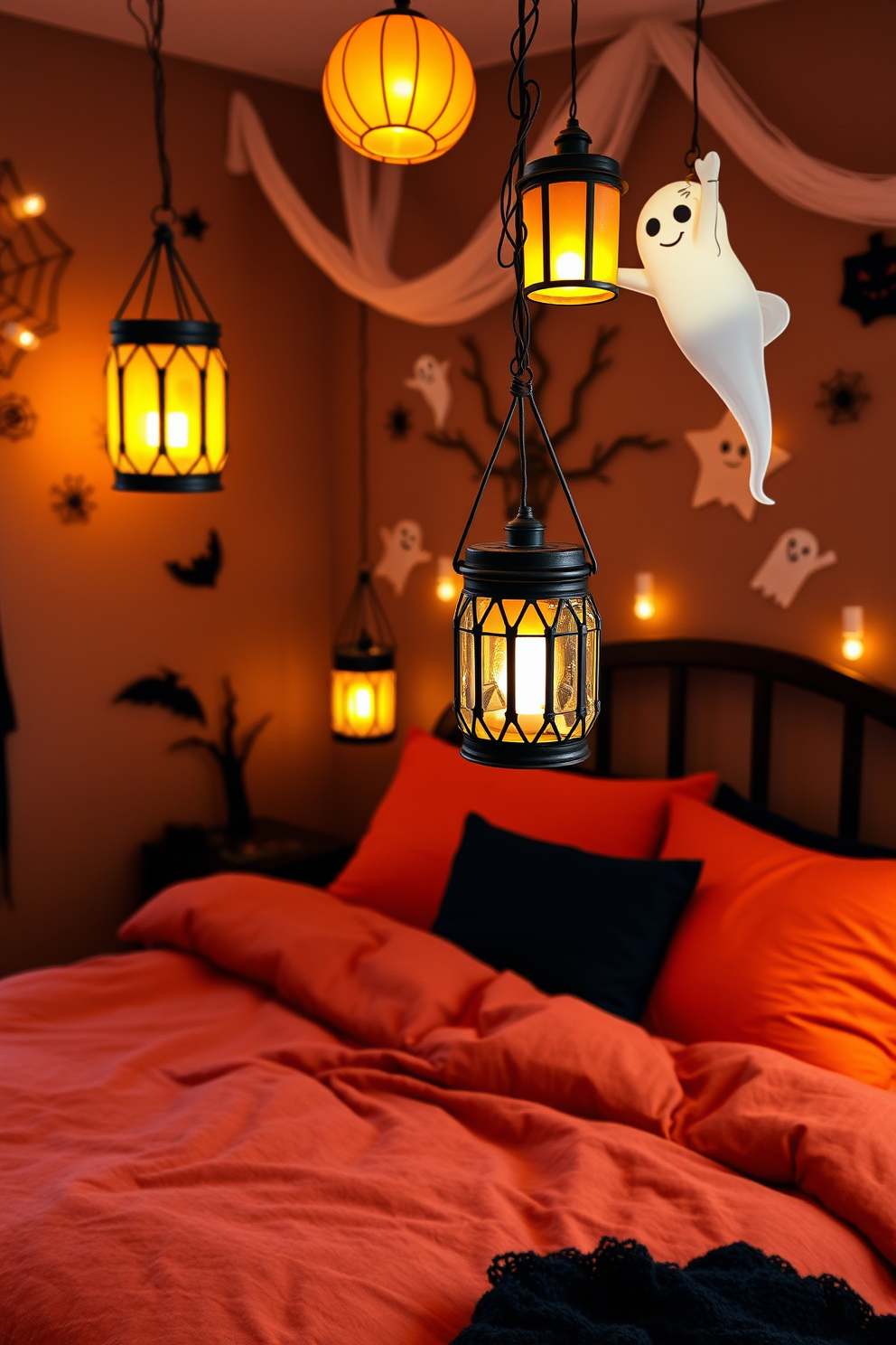 A cozy Halloween-themed bedroom features hanging lanterns that cast a warm and inviting glow throughout the space. The walls are adorned with playful decorations such as cobwebs and friendly ghosts, creating a festive atmosphere. The lanterns are strategically placed to enhance the ambiance, providing soft ambient lighting that adds to the overall charm. Plush bedding in deep orange and black tones complements the seasonal decor, making the room feel both festive and comfortable.