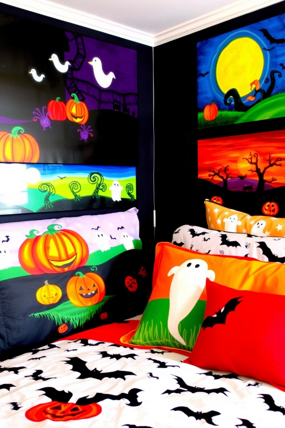 Colorful Halloween-themed artwork adorns the walls, featuring vibrant depictions of pumpkins, ghosts, and spooky landscapes. The bedding includes playful patterns with bats and cobwebs, creating a festive atmosphere for the season.