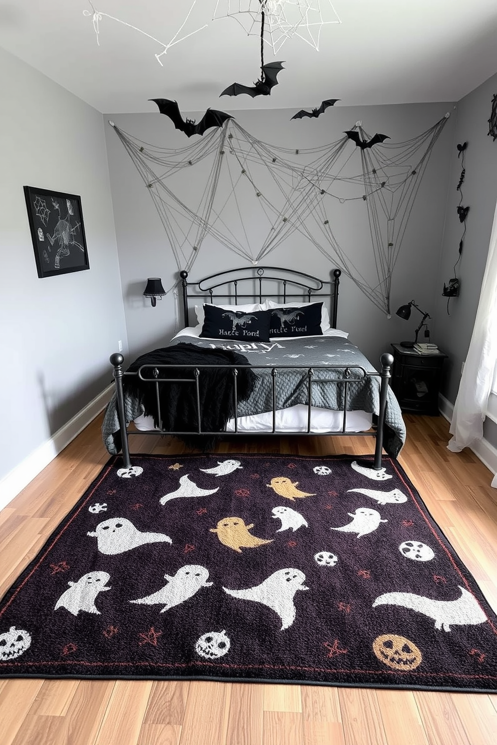 A spooky themed area rug lies beneath the bed, featuring ghostly patterns and dark colors that enhance the Halloween atmosphere. The bed is adorned with eerie bedding, and the walls are decorated with cobwebs and hanging bats for a complete festive look.