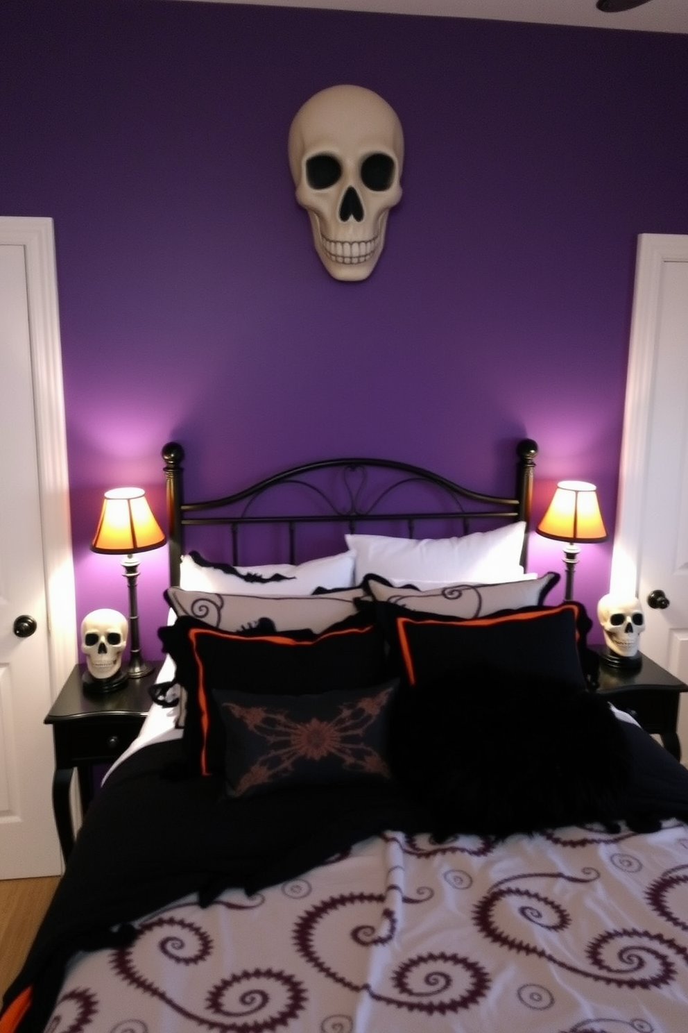 A cozy Halloween-themed bedroom featuring decorative skulls on each bedside table. The walls are painted in a deep purple hue, and the bedding includes black and orange accents to enhance the festive atmosphere.