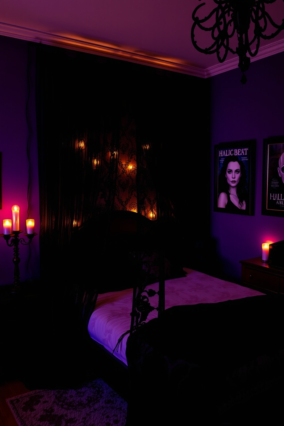 A Halloween-themed bedroom featuring black lace curtains that create a dramatic and mysterious atmosphere. The walls are painted in deep purple, adorned with spooky artwork and flickering candle-like lights for an enchanting glow.