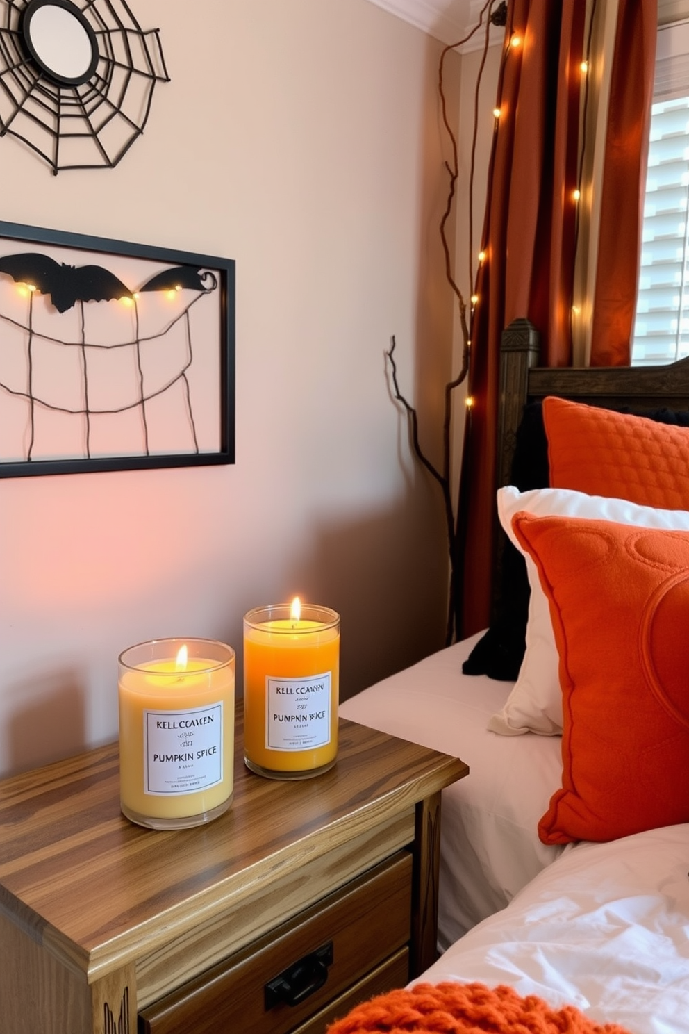 A cozy Halloween-themed bedroom featuring pumpkin spice scented candles placed on a wooden nightstand. The room is adorned with soft, warm lighting that creates an inviting atmosphere, complemented by autumn-themed decor such as orange and black throw pillows on the bed.