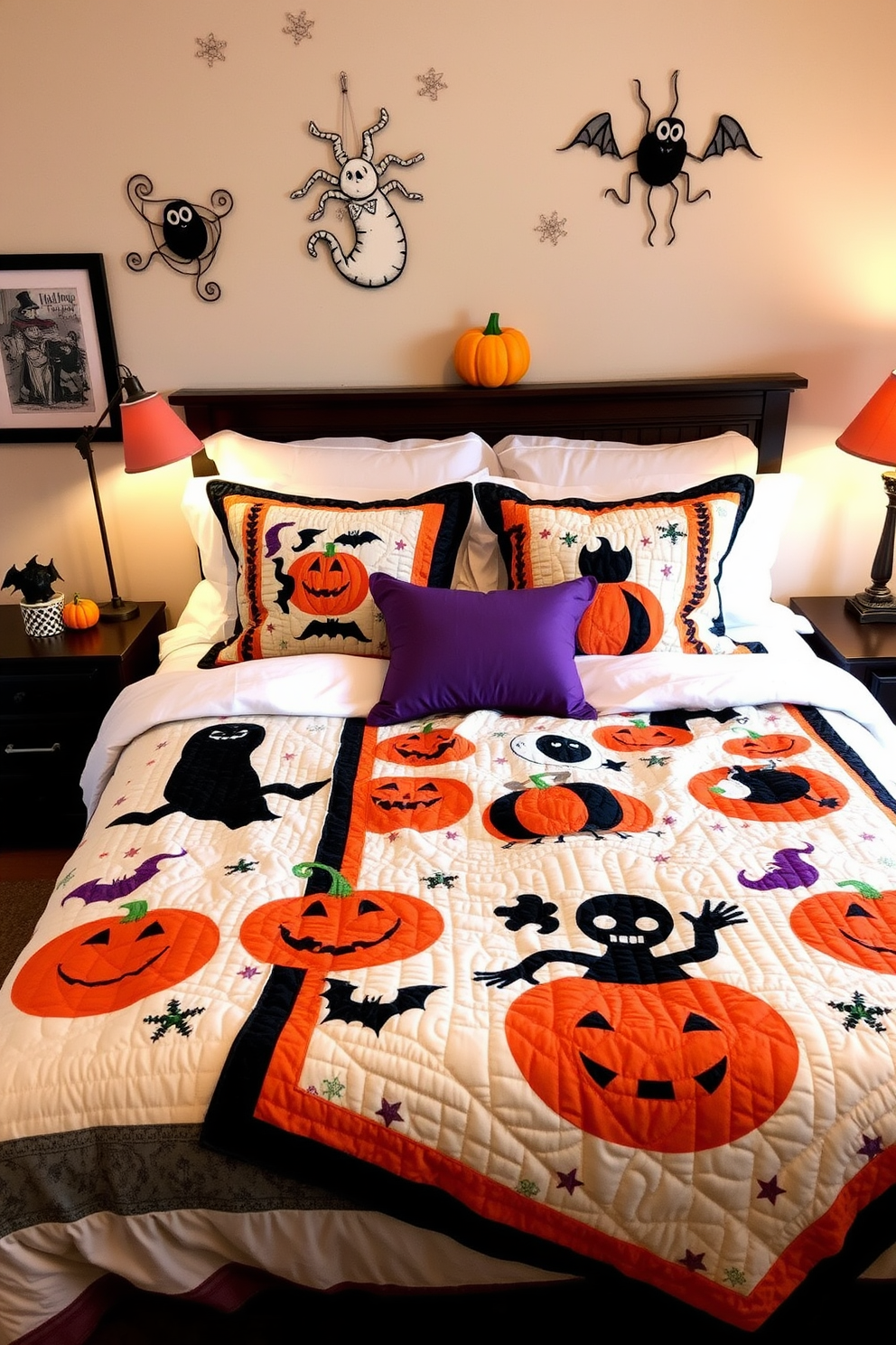 A cozy bedroom adorned with Halloween-themed quilts that feature playful designs of pumpkins and ghosts. The quilts are layered on a plush bed, complemented by soft, warm lighting from bedside lamps with orange shades. Decorative pillows in shades of purple and black add a festive touch to the bed. Spooky wall art and a small pumpkin centerpiece on the nightstand complete the Halloween atmosphere.