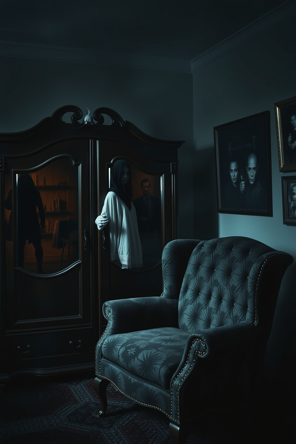 Ghostly figures peek from behind the antique wooden wardrobe and the plush velvet armchair in a dimly lit bedroom. The walls are adorned with eerie black and white photographs, while a foggy atmosphere is created by strategically placed soft lighting.