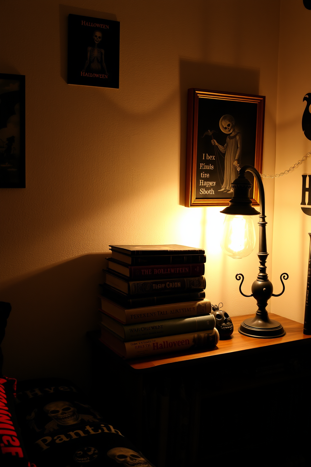 A cozy Halloween bedroom adorned with vintage Halloween books stacked decoratively on a rustic wooden shelf. The warm glow of a vintage lamp illuminates the room, casting playful shadows on the walls decorated with spooky artwork.