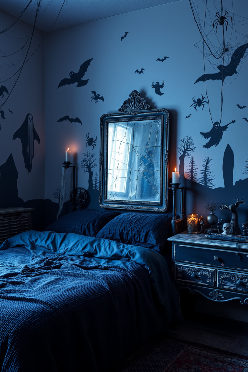 Creepy wall decals featuring ghostly figures and eerie landscapes cover the walls, creating a chilling atmosphere. The bed is adorned with dark, textured bedding, while flickering candlelight casts shadows across the room. A vintage mirror with a cracked frame hangs above a distressed dresser, adding to the haunting aesthetic. Spider web decorations drape from the corners, and a collection of ominous props sits on the nightstand, enhancing the spooky theme.