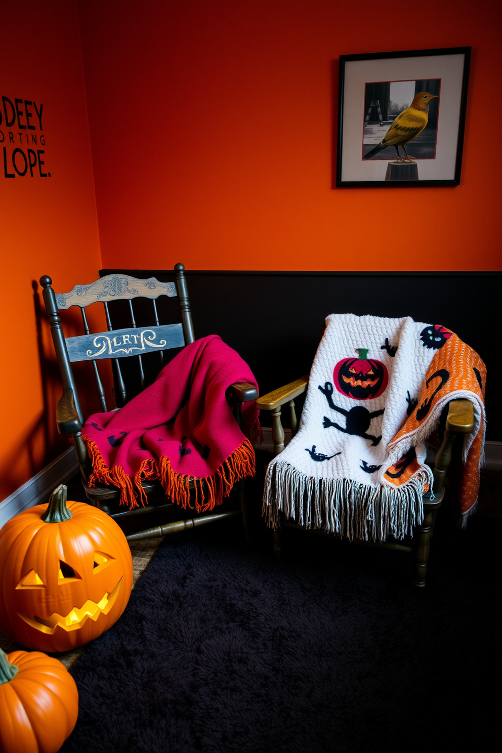 A cozy bedroom setting featuring mismatched chairs adorned with colorful Halloween throws. The walls are painted in a warm orange hue, and the floor is covered with a soft, dark rug to enhance the autumn ambiance.