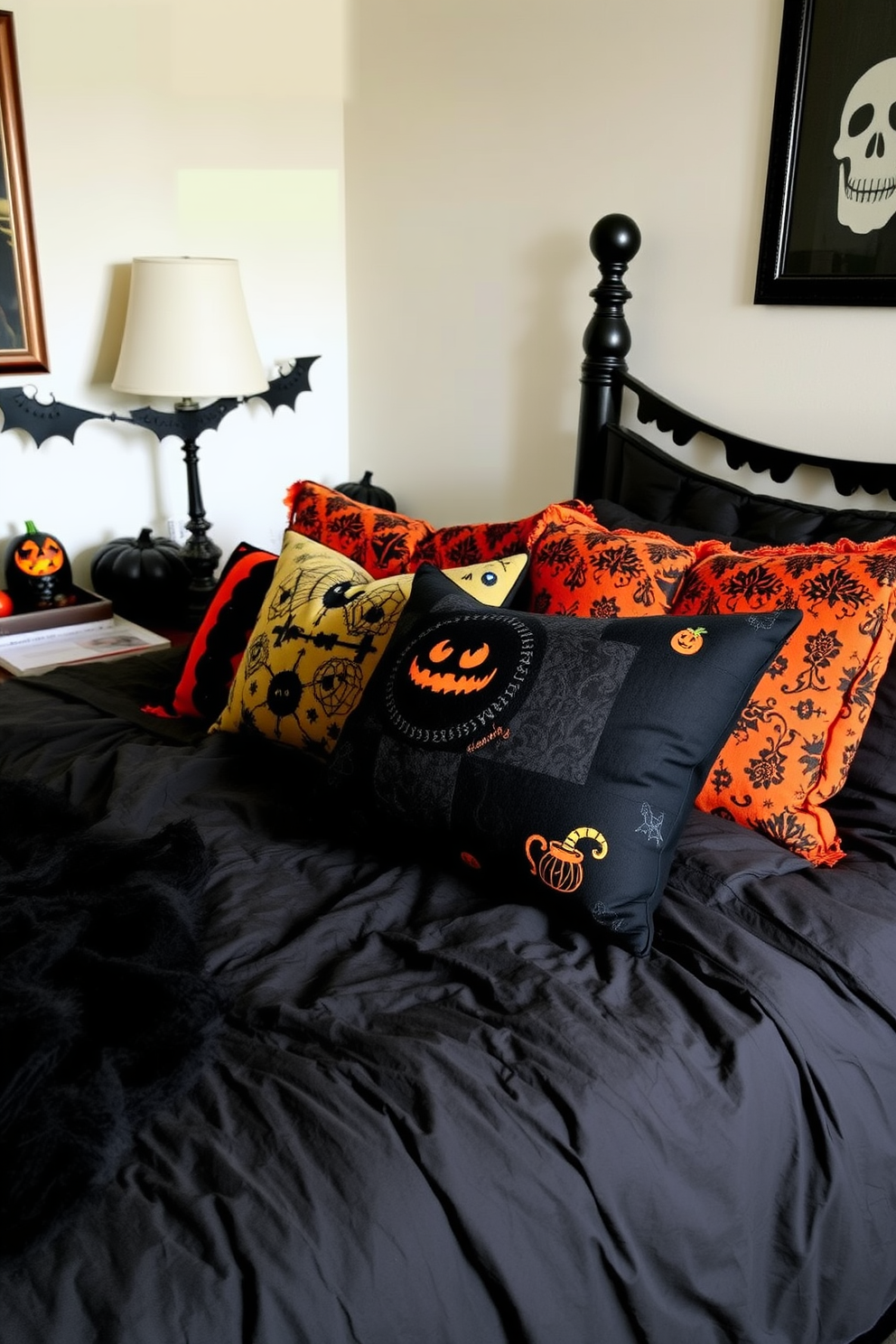 A cozy bedroom adorned for Halloween. The bed is dressed in dark linens, accented with black and orange throw pillows that feature spooky patterns.