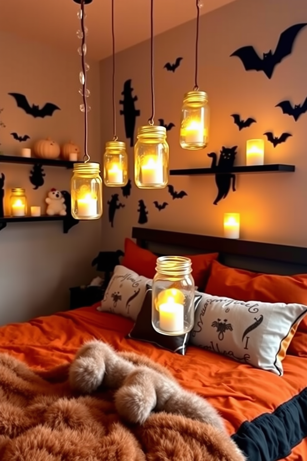 A cozy Halloween-themed bedroom featuring mason jar lanterns filled with battery-operated candles. The jars are hung from the ceiling and placed on shelves, casting a warm glow throughout the space. The walls are adorned with spooky decorations like silhouettes of bats and ghosts. A plush bedspread in deep orange and black complements the festive atmosphere, while soft pillows add comfort and style.