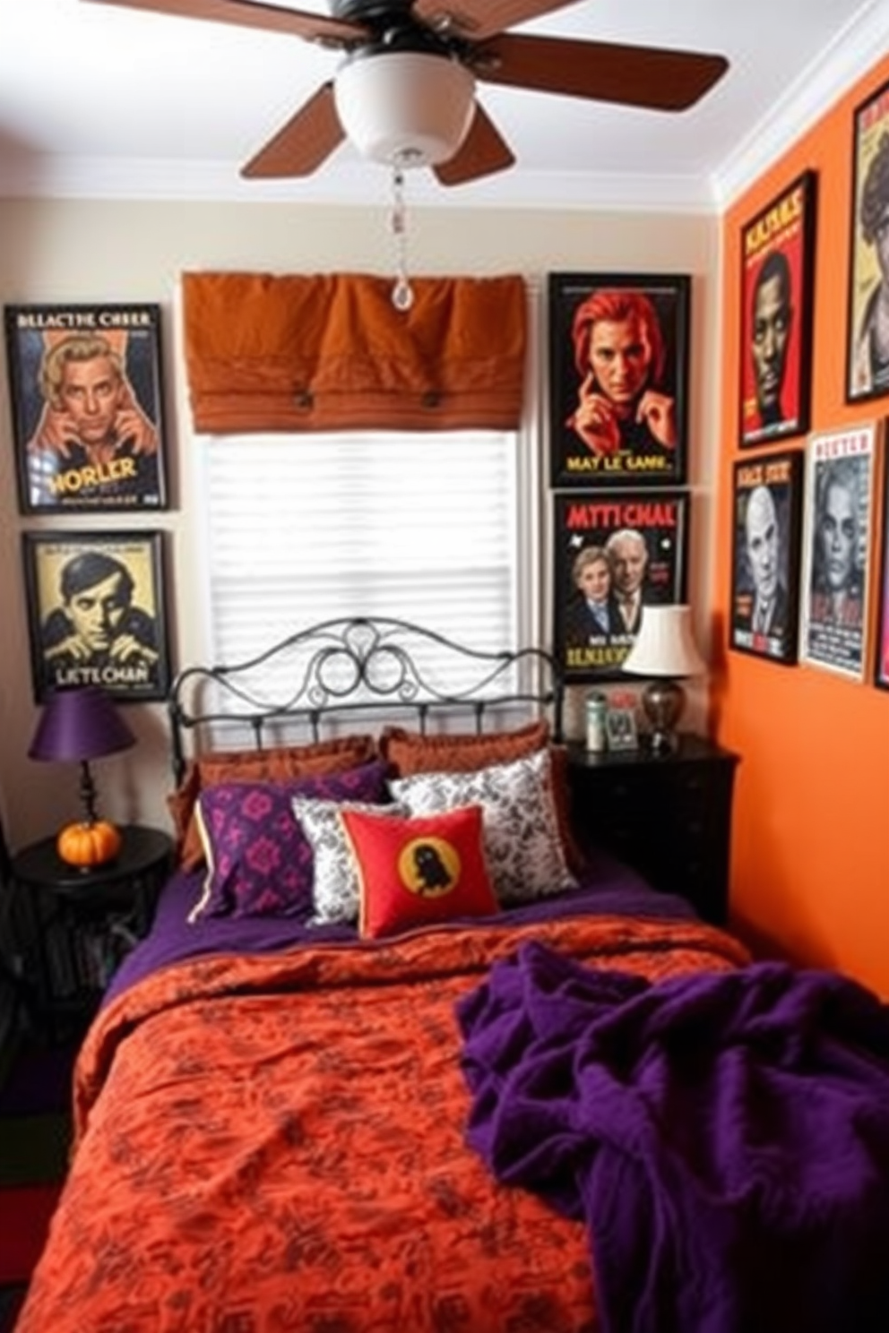 A cozy Halloween-themed bedroom featuring vintage posters of classic horror films adorning the walls. The decor includes a mix of rich orange and deep purple accents, creating an inviting and spooky atmosphere.