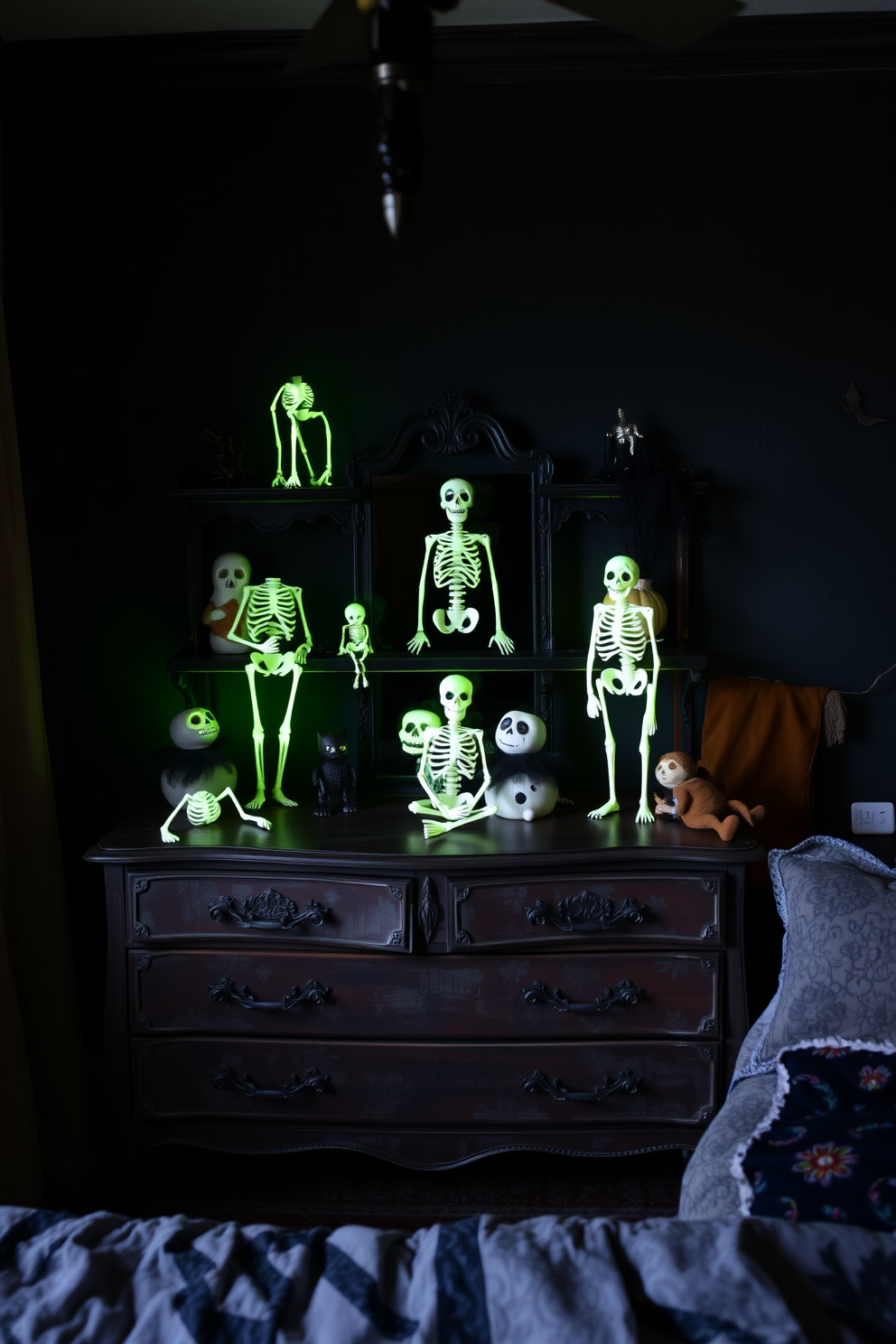 A whimsical Halloween bedroom featuring glowing skeletons artfully arranged on a vintage dresser and shelves. The walls are adorned with dark, moody colors, and soft, eerie lighting enhances the spooky atmosphere.