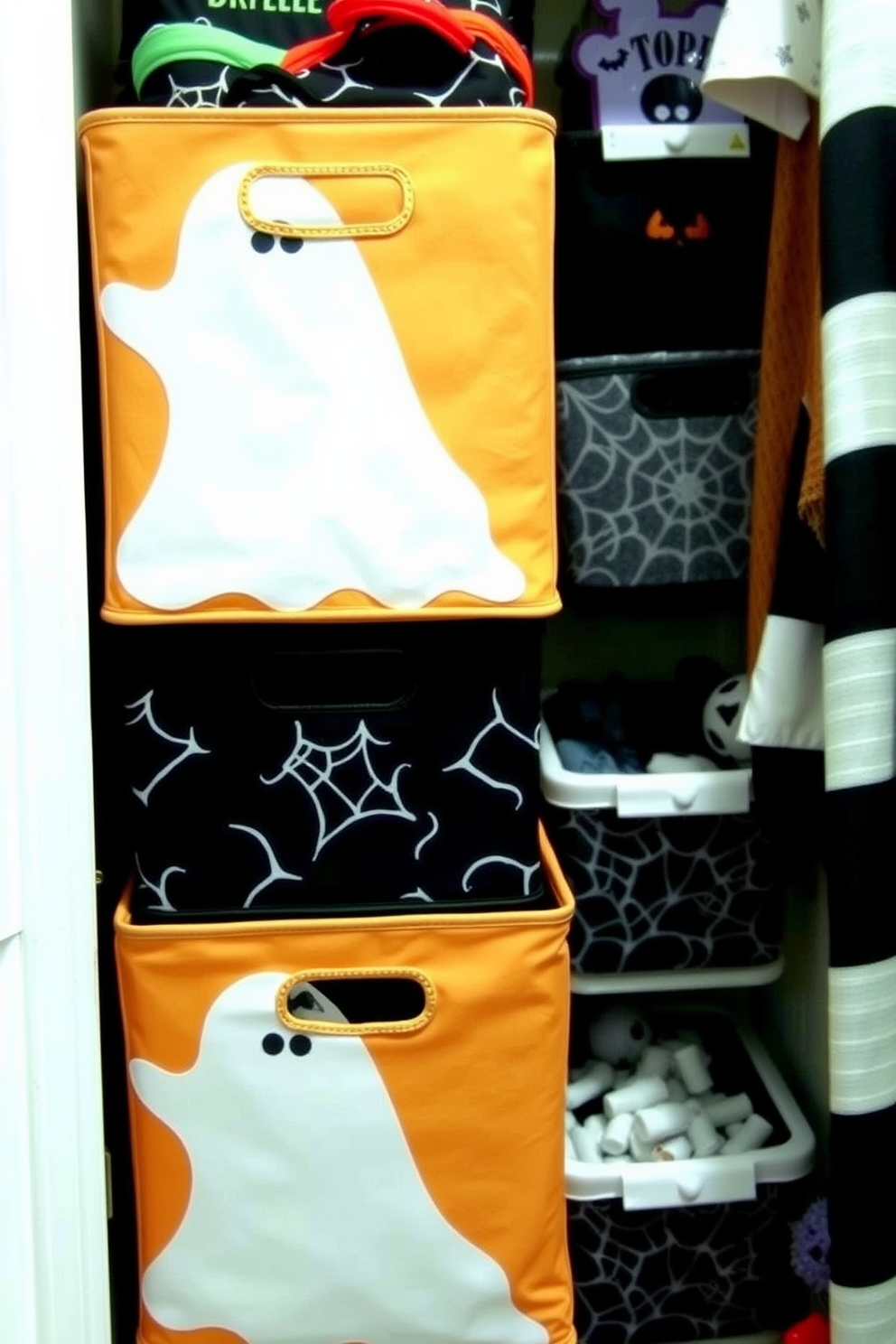 Spooky themed storage bins are creatively designed with ghostly faces and cobweb patterns. They add a playful yet eerie touch to your Halloween closet decor while keeping your items organized. Incorporate black and orange color schemes to enhance the Halloween spirit. Stack the bins in a corner of the closet for a festive and functional display.