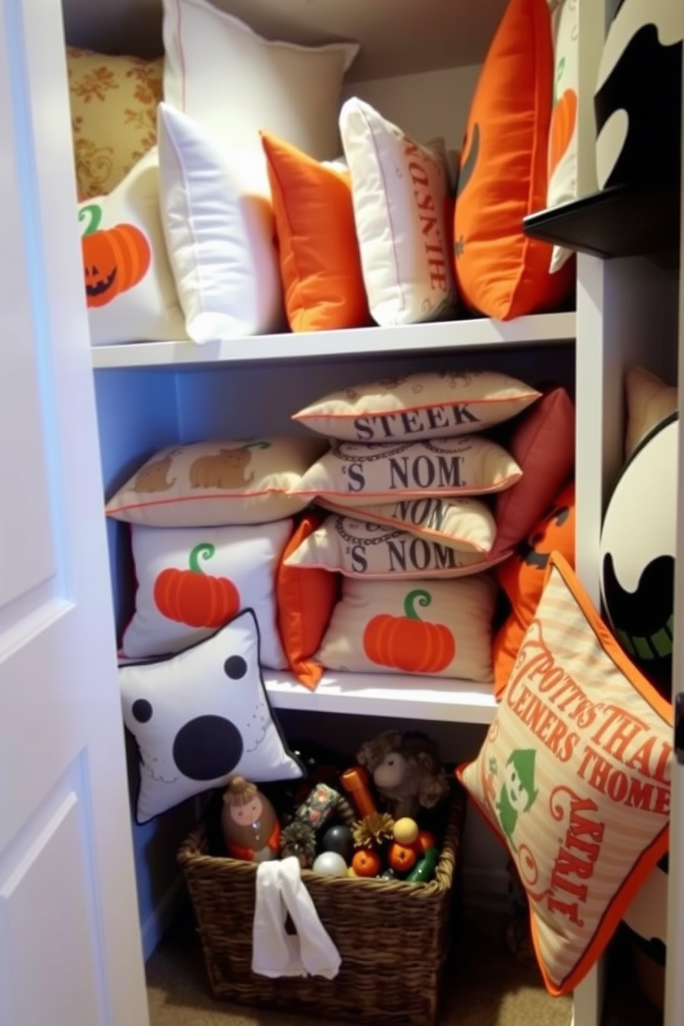 Seasonal throw pillows in a closet create an inviting and festive atmosphere. The closet is neatly organized with an array of colorful pillows featuring Halloween-themed designs such as pumpkins and ghosts. Soft lighting illuminates the space, highlighting the textures and patterns of the pillows. A decorative basket at the bottom holds additional seasonal accessories, enhancing the overall decor.