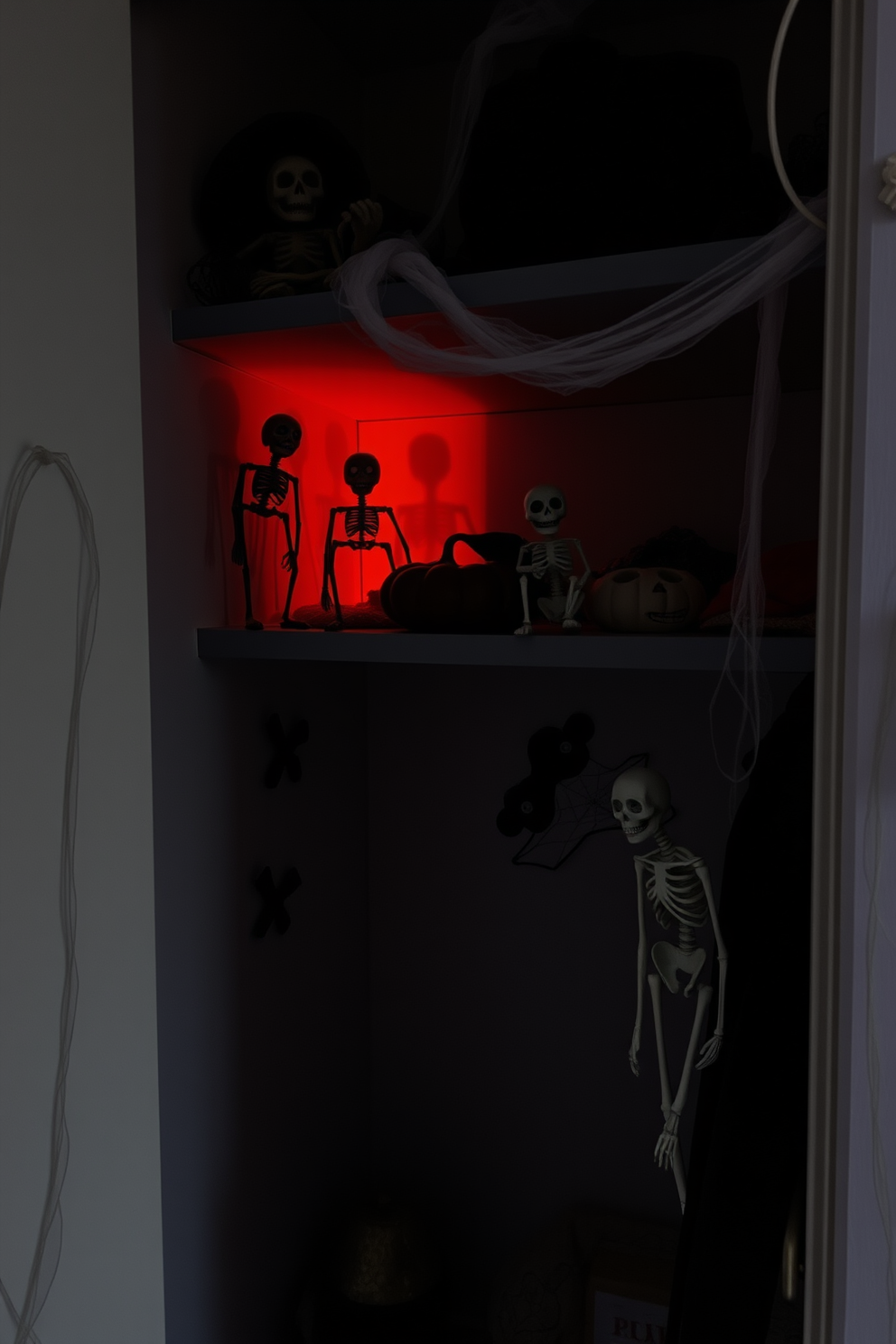 Skeleton figurines peek from the shelves, casting playful shadows in the dimly lit closet. The walls are adorned with cobwebs and spooky decorations, creating an eerie yet festive atmosphere.