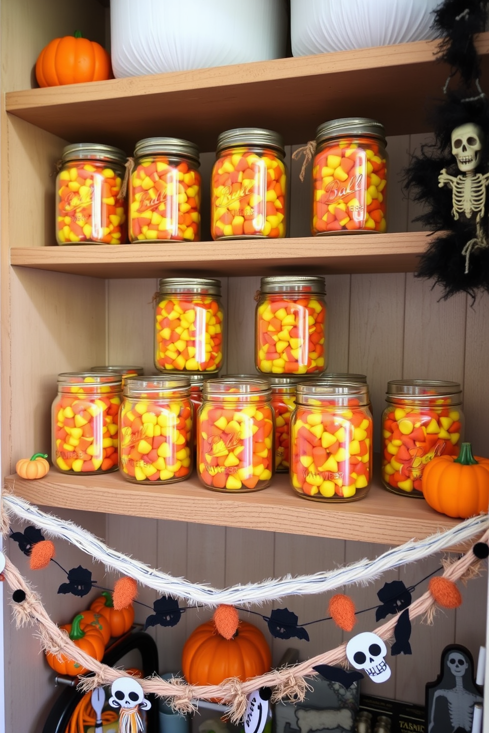 Create a whimsical Halloween closet filled with mason jars overflowing with colorful candy corn. The jars are arranged on a rustic wooden shelf, surrounded by playful decorations like miniature pumpkins and spooky garlands.