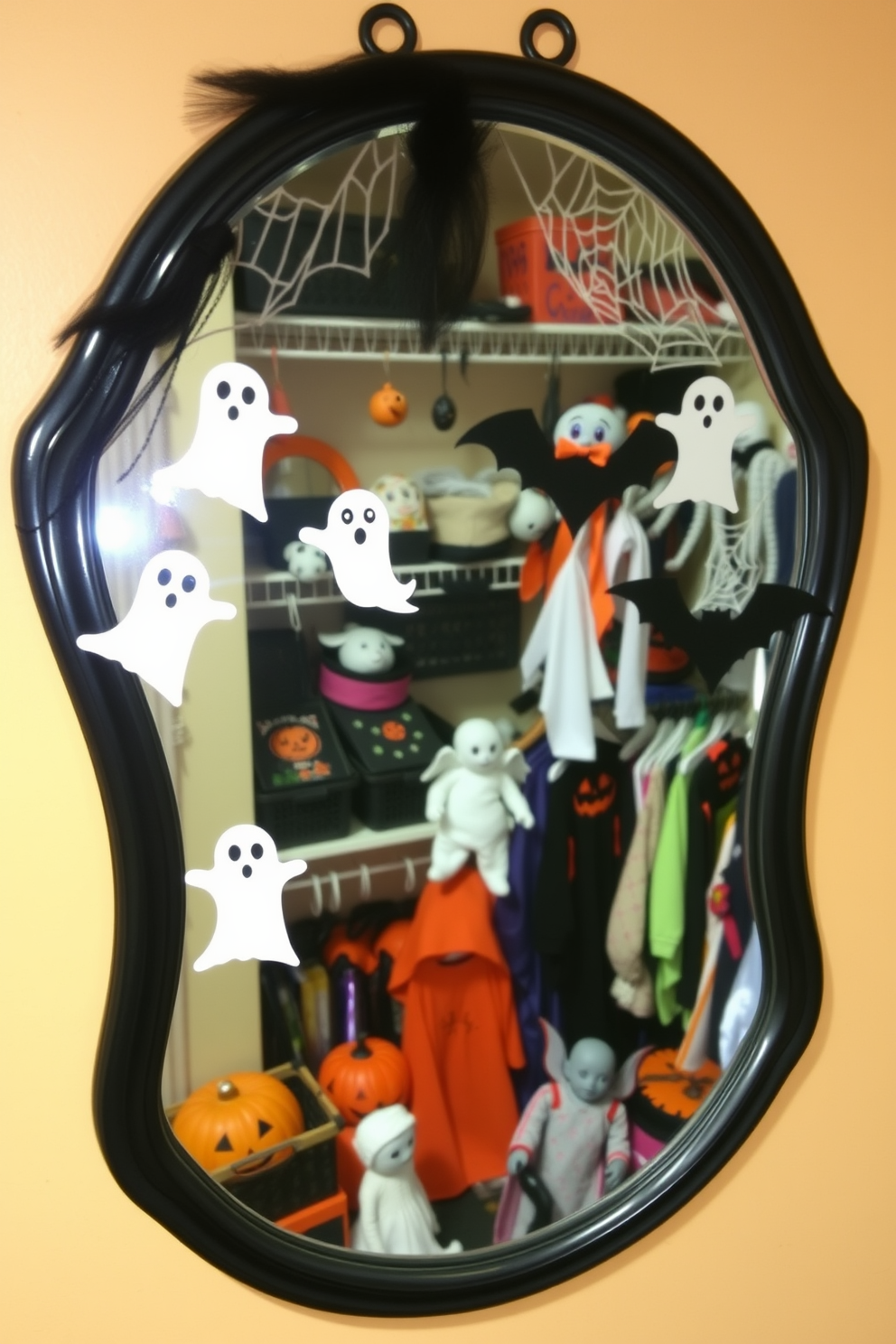 A haunted mirror is adorned with spooky stickers featuring ghosts and cobwebs. The closet is filled with Halloween-themed decorations, including orange and black accents, bats hanging from the shelves, and a collection of whimsical costumes.