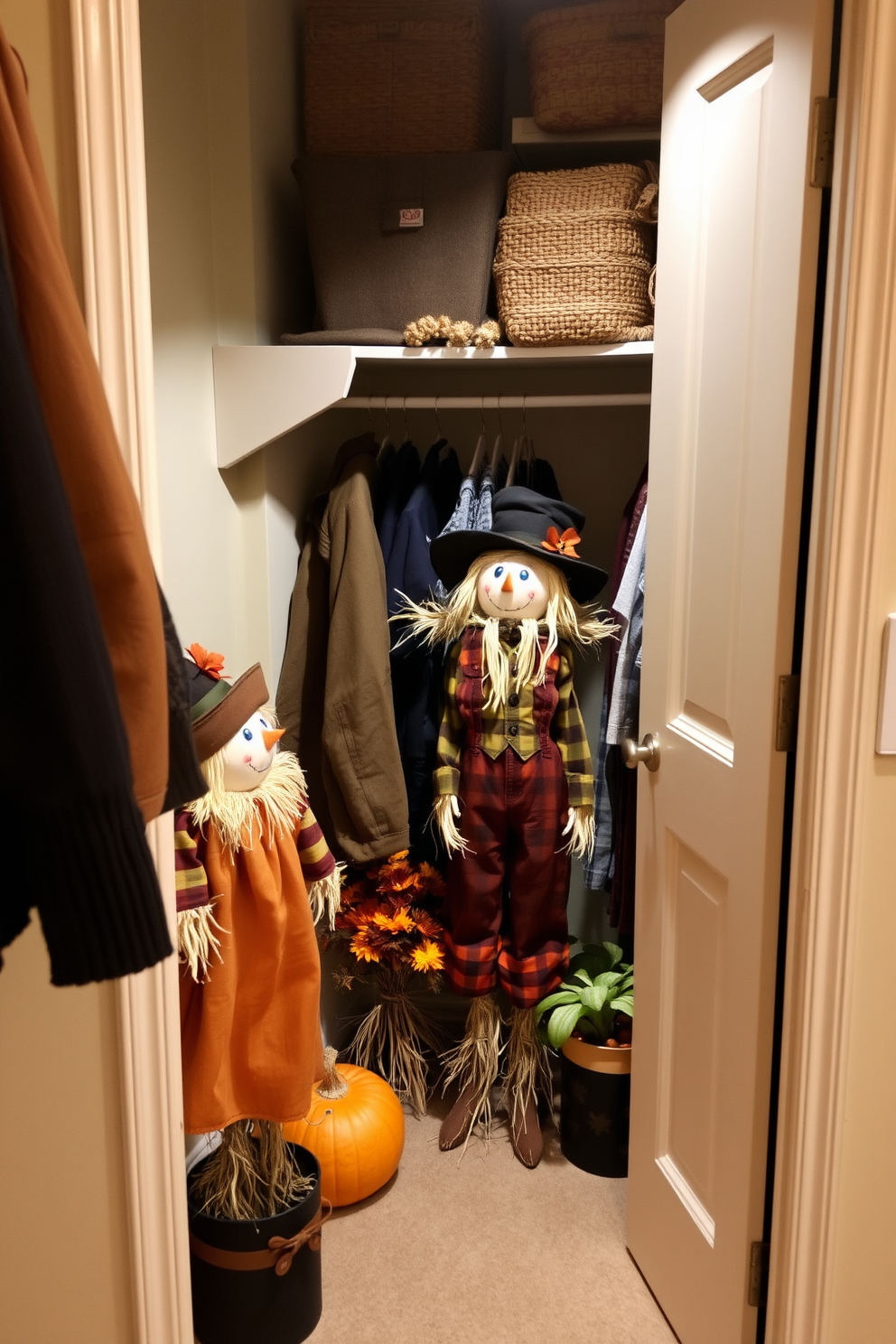 Scarecrow decorations are placed in the corner of a cozy closet. The closet features autumn-themed colors with orange and brown accents, creating a festive Halloween atmosphere.