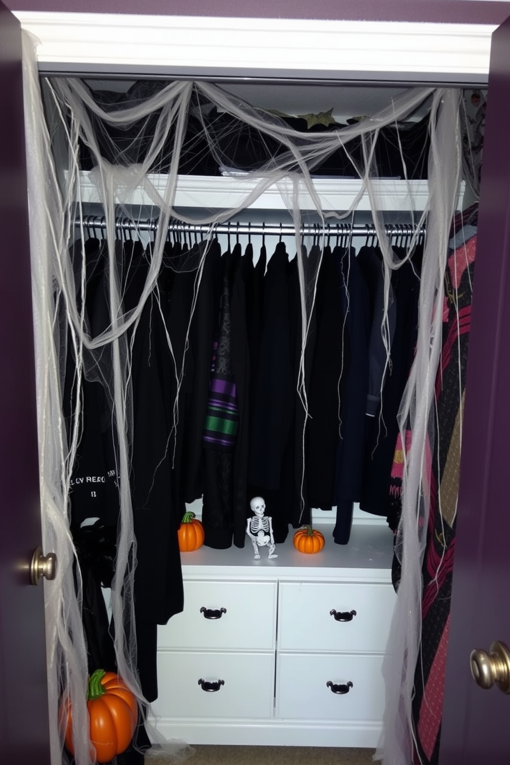 A spooky Halloween closet filled with faux cobwebs draping over shelves and hanging clothes. The space features eerie decorations like small skeletons and pumpkins nestled among the garments, creating a festive yet haunting atmosphere.