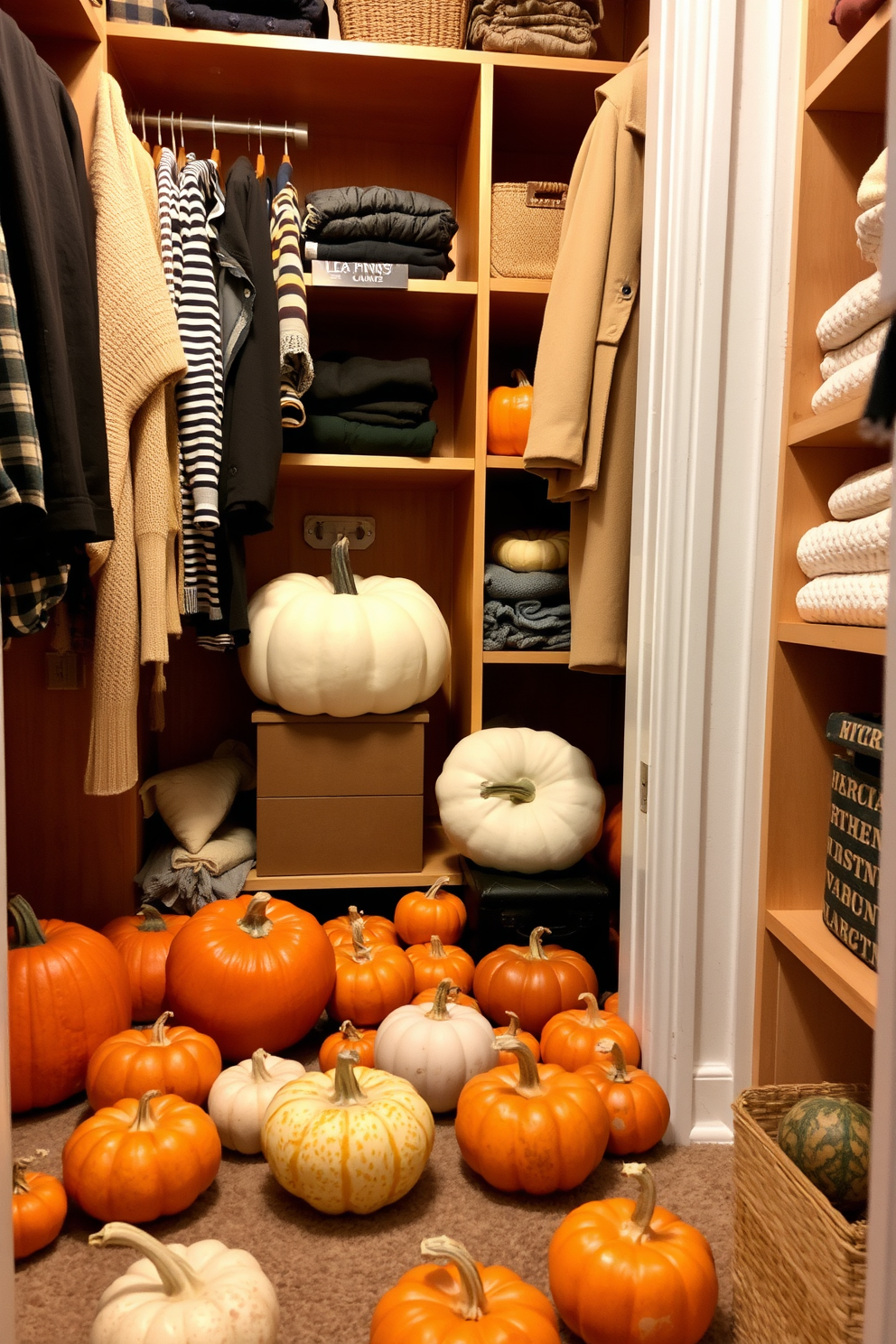 A cozy closet space adorned with decorative pumpkins scattered across the floor. The pumpkins vary in size and color, adding a festive touch to the warm wooden shelving and neatly organized clothing.