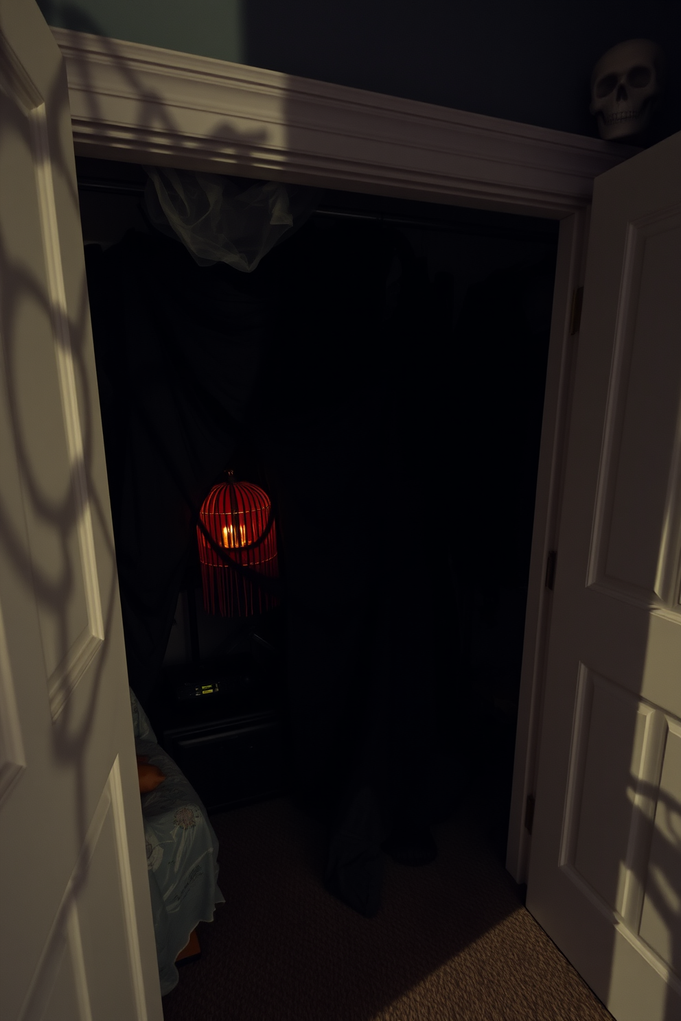 A spooky Halloween closet decorated with creepy cloth draped over various items. Shadows play across the walls as the cloth creates an eerie atmosphere, hiding mysterious objects underneath.