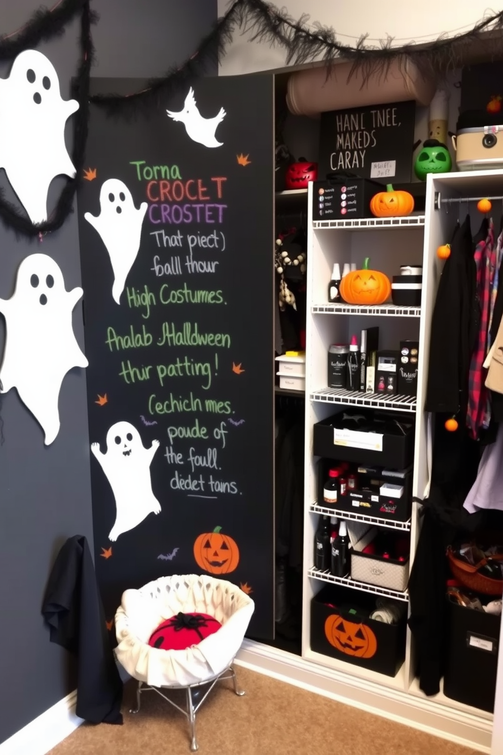 Chalkboard decorated with spooky messages featuring ghosts and pumpkins. The background is a deep black with colorful chalk drawings that create an eerie yet fun atmosphere. Closet designed for Halloween with themed decorations and storage solutions. Shelves are filled with costumes, accessories, and seasonal items, all organized for easy access during the festivities.