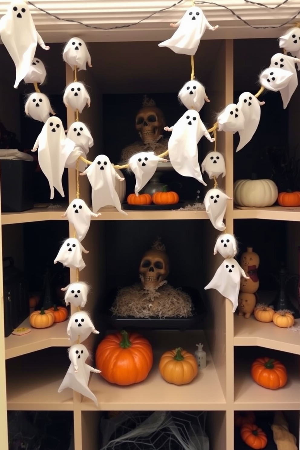 A whimsical Halloween closet adorned with hanging ghost garlands creates a festive atmosphere. The shelves are filled with spooky decorations, including miniature pumpkins and cobwebs that add to the seasonal charm.