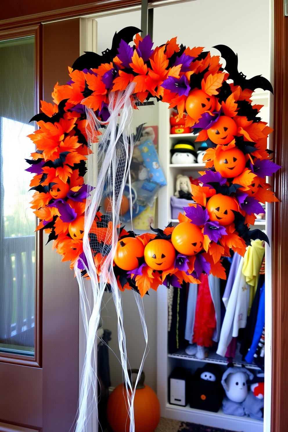 A colorful Halloween wreath adorns the front door, featuring vibrant orange, purple, and black decorations. The wreath is made of faux leaves, pumpkins, and playful bats, creating a festive and inviting entrance. Inside, the Halloween closet is decorated with themed accessories and spooky elements. Cobwebs drape over shelves, while costumes and props are organized neatly, adding to the seasonal charm.