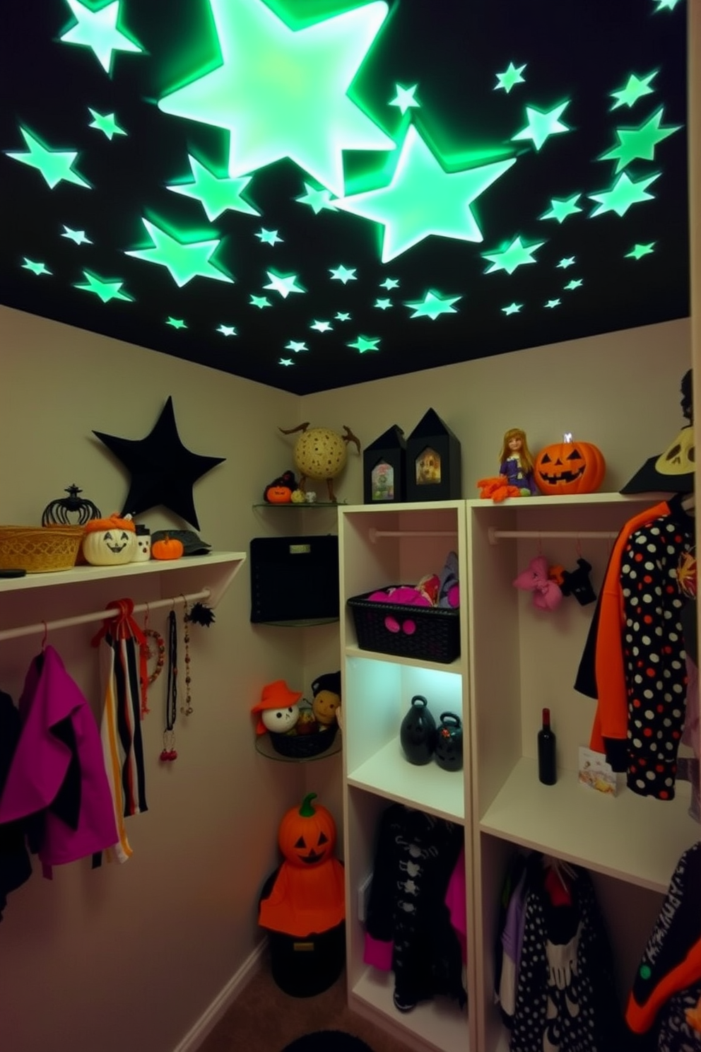 Create a whimsical Halloween closet with glow in the dark stars scattered across the ceiling. The walls are adorned with spooky-themed decorations, and shelves are filled with fun costumes and accessories for a festive touch.