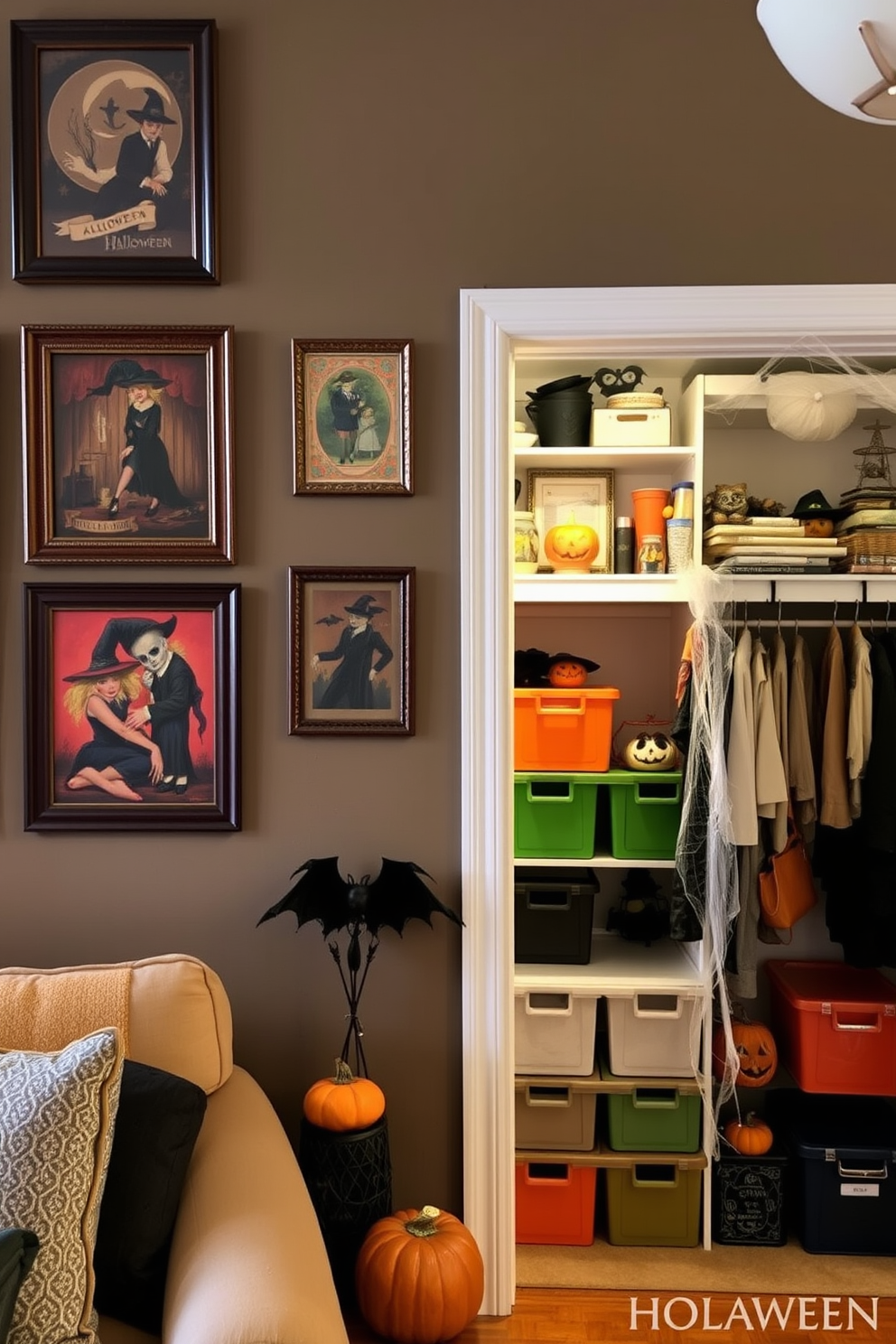 Framed vintage Halloween art pieces adorn the walls of a cozy living space. The art features classic spooky themes in rich colors, creating an inviting atmosphere for the season. The Halloween closet is decorated with themed accessories and colorful storage bins. Cobwebs and small pumpkins add a festive touch, making the closet a fun and functional space.