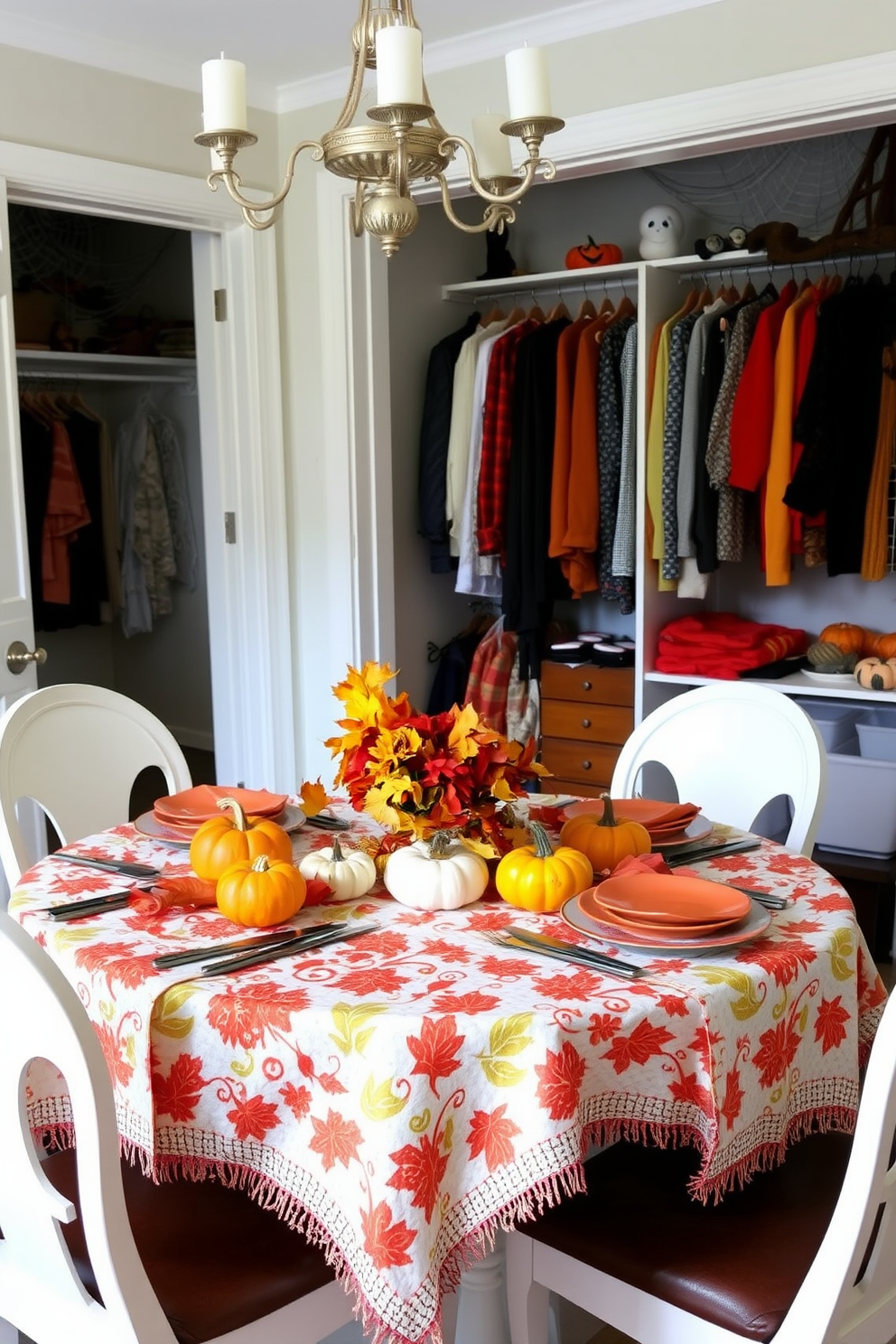 A beautifully set dining table showcases seasonal tablecloths in vibrant autumn colors. Pumpkins and fall leaves are arranged as centerpieces, enhancing the festive atmosphere. The closet is elegantly decorated for Halloween with themed accessories. Spooky decorations like cobwebs and miniature ghosts are artfully placed alongside neatly organized clothing.