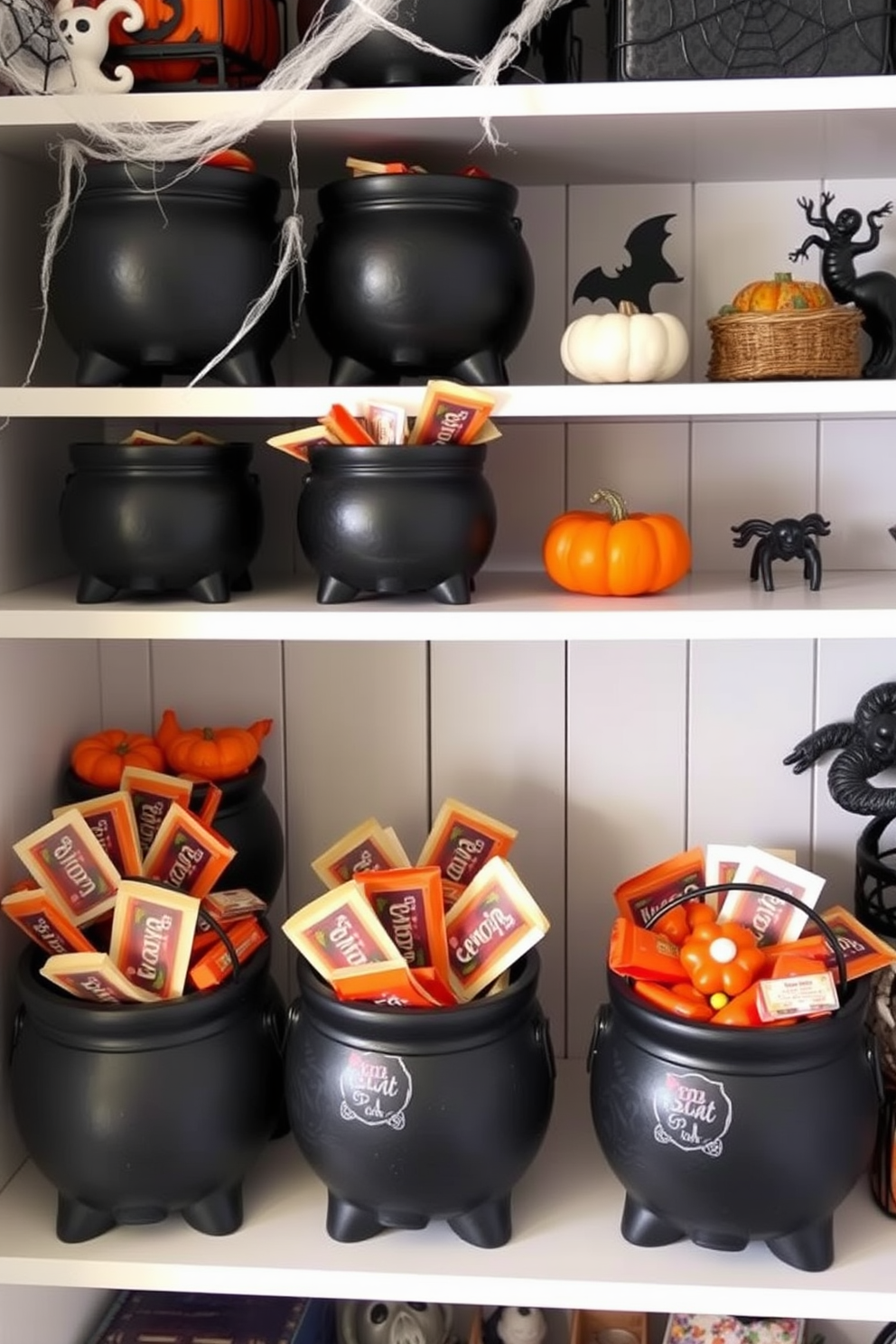 A whimsical Halloween closet filled with mini cauldrons used for candy storage. The shelves are adorned with spooky decorations like cobwebs and small pumpkins, creating a festive atmosphere.