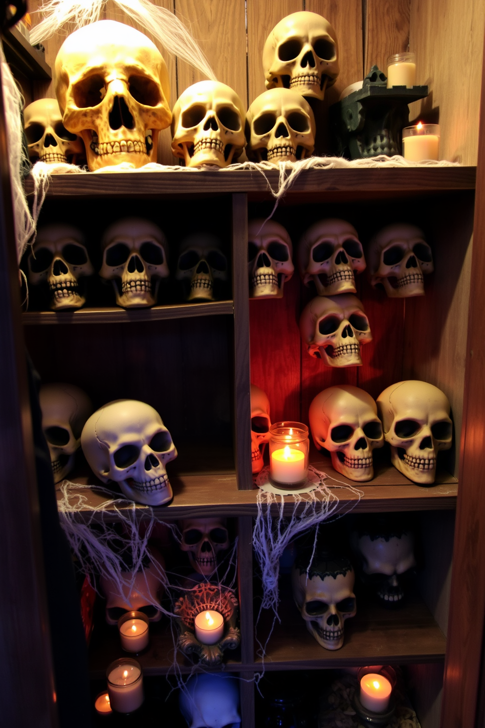 A cozy Halloween closet filled with decorative skulls arranged on rustic wooden shelves. The shelves are adorned with cobwebs and flickering candle lights, creating an eerie yet inviting atmosphere.