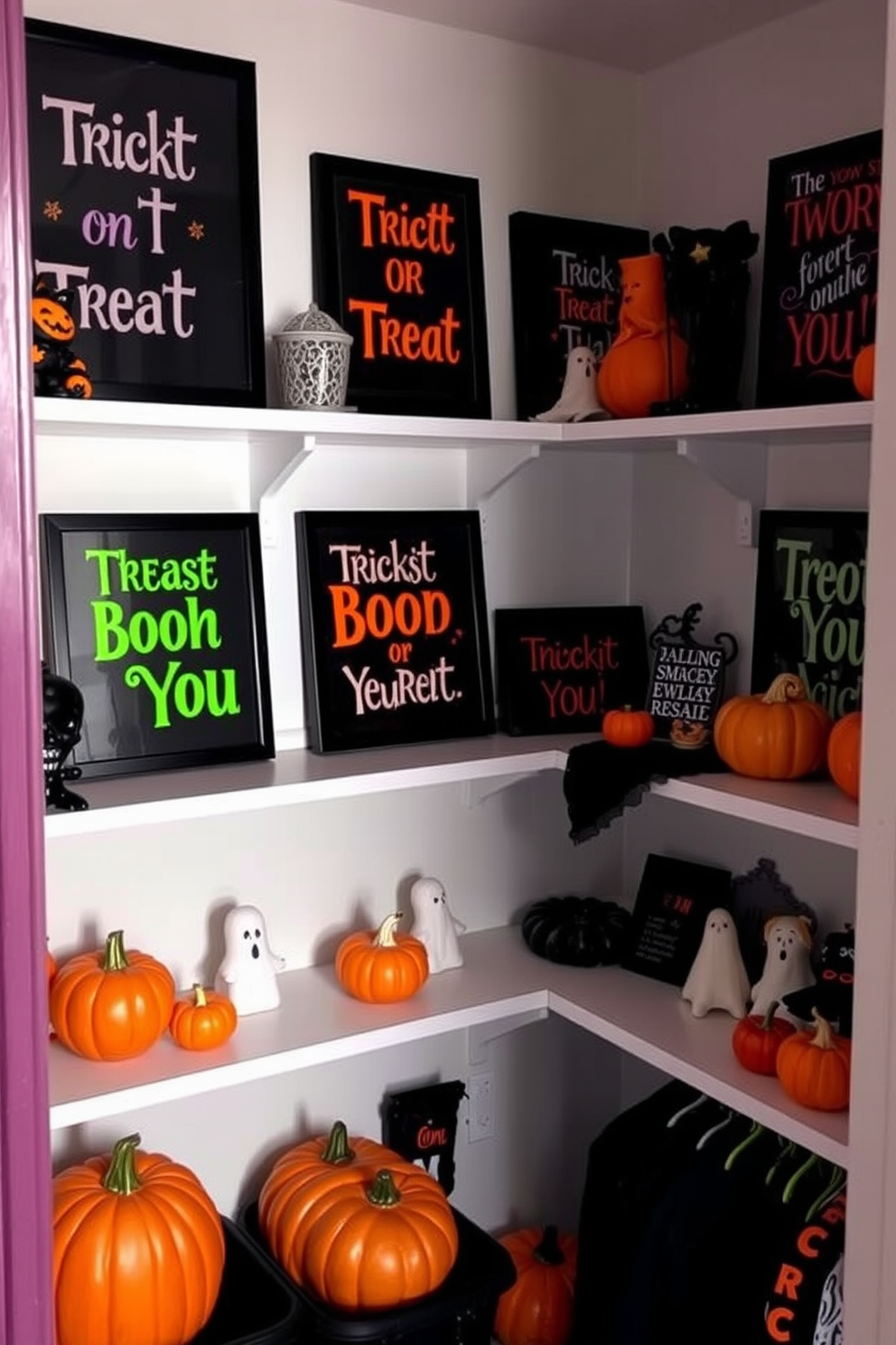 A cozy Halloween-themed closet filled with spooky decor. The walls are adorned with framed quotes in whimsical fonts, featuring phrases like 