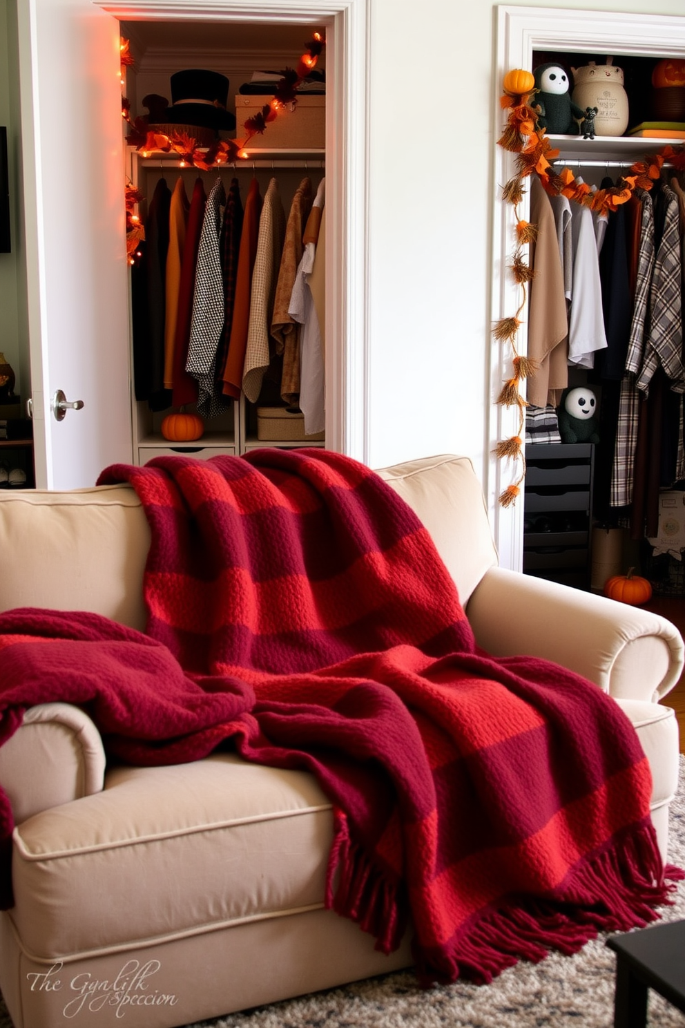 A cozy living room adorned with seasonal throw blankets in rich autumn hues. The blankets are artfully draped over a plush sofa, creating a warm and inviting atmosphere. A stylish closet featuring Halloween-themed decorations. Spooky accents like mini pumpkins and ghostly garlands are tastefully arranged alongside neatly organized clothing.