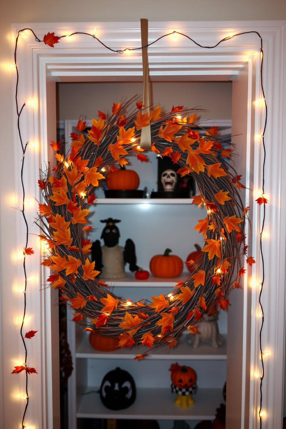 A cozy Halloween closet adorned with a wreath made of dried leaves and twigs. The wreath is hung on the door, creating an inviting autumn atmosphere with hints of orange and brown. Inside the closet, shelves are filled with seasonal decorations like small pumpkins and spooky figurines. Twinkling fairy lights are draped along the edges to add a warm glow and festive charm.