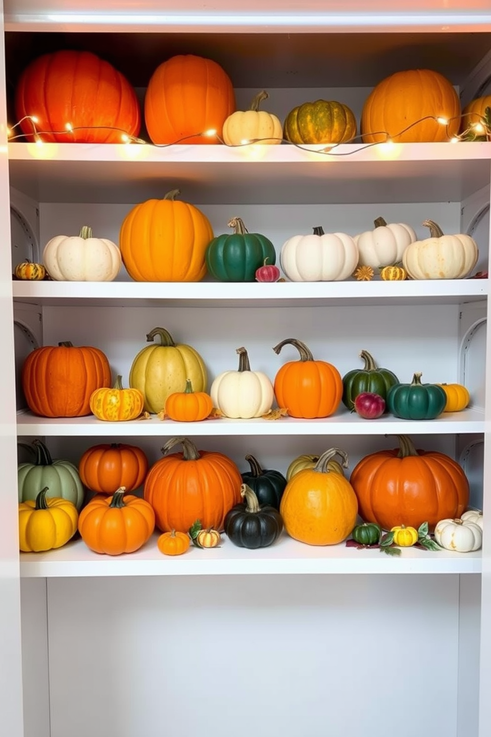 A cozy closet setting adorned with a vibrant pumpkin display on the shelves. The shelves are filled with various sizes of pumpkins, some painted in festive colors, while others are left in their natural state. String lights are draped across the top shelf, adding a warm glow to the space. A few autumn-themed decorations, like small gourds and colorful leaves, are interspersed among the pumpkins to enhance the Halloween spirit.