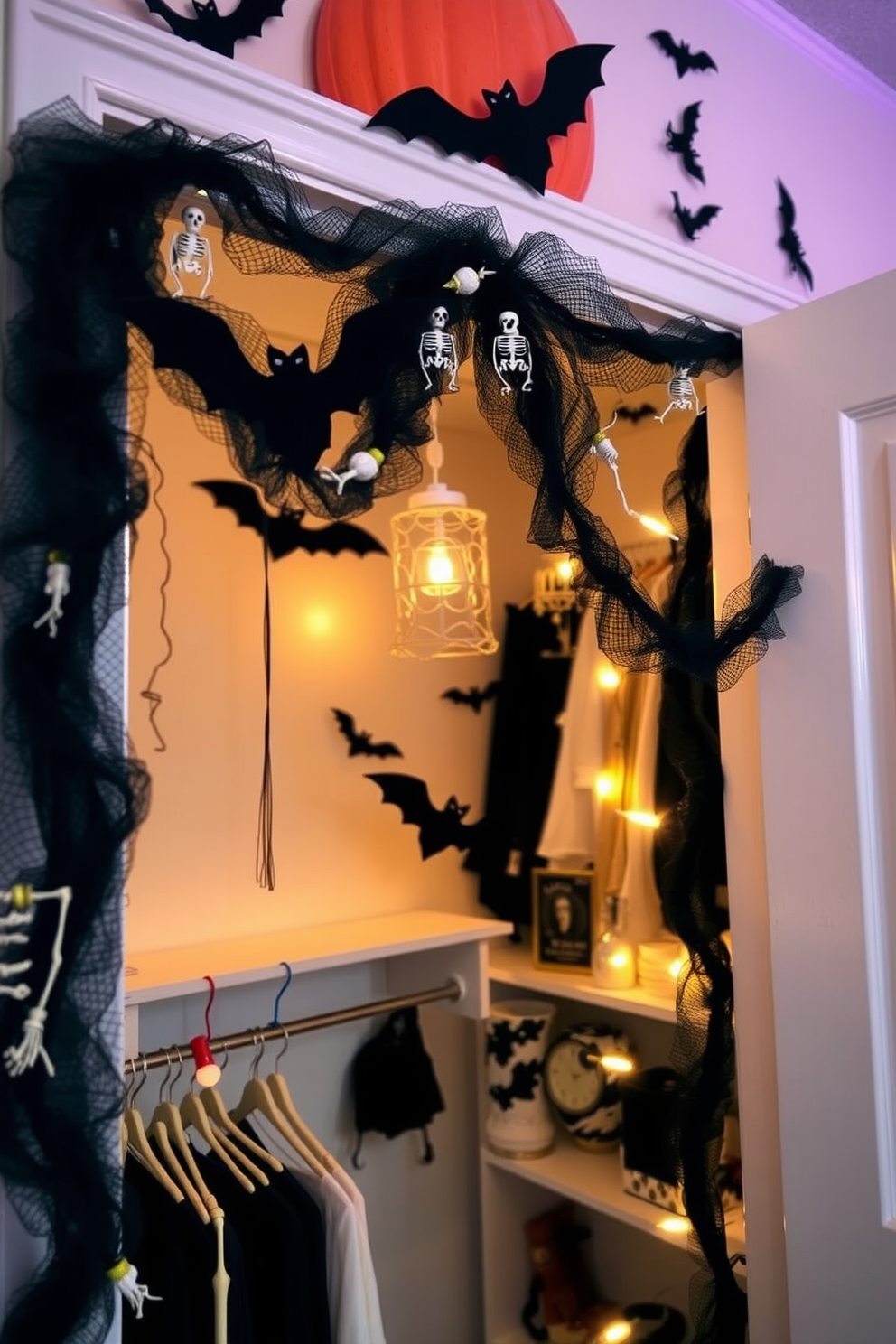 A whimsical Halloween closet decorated with decorative skeleton garlands draped around the edges. The closet features a mix of spooky and playful elements, including hanging bats and eerie lights to create an enchanting atmosphere.