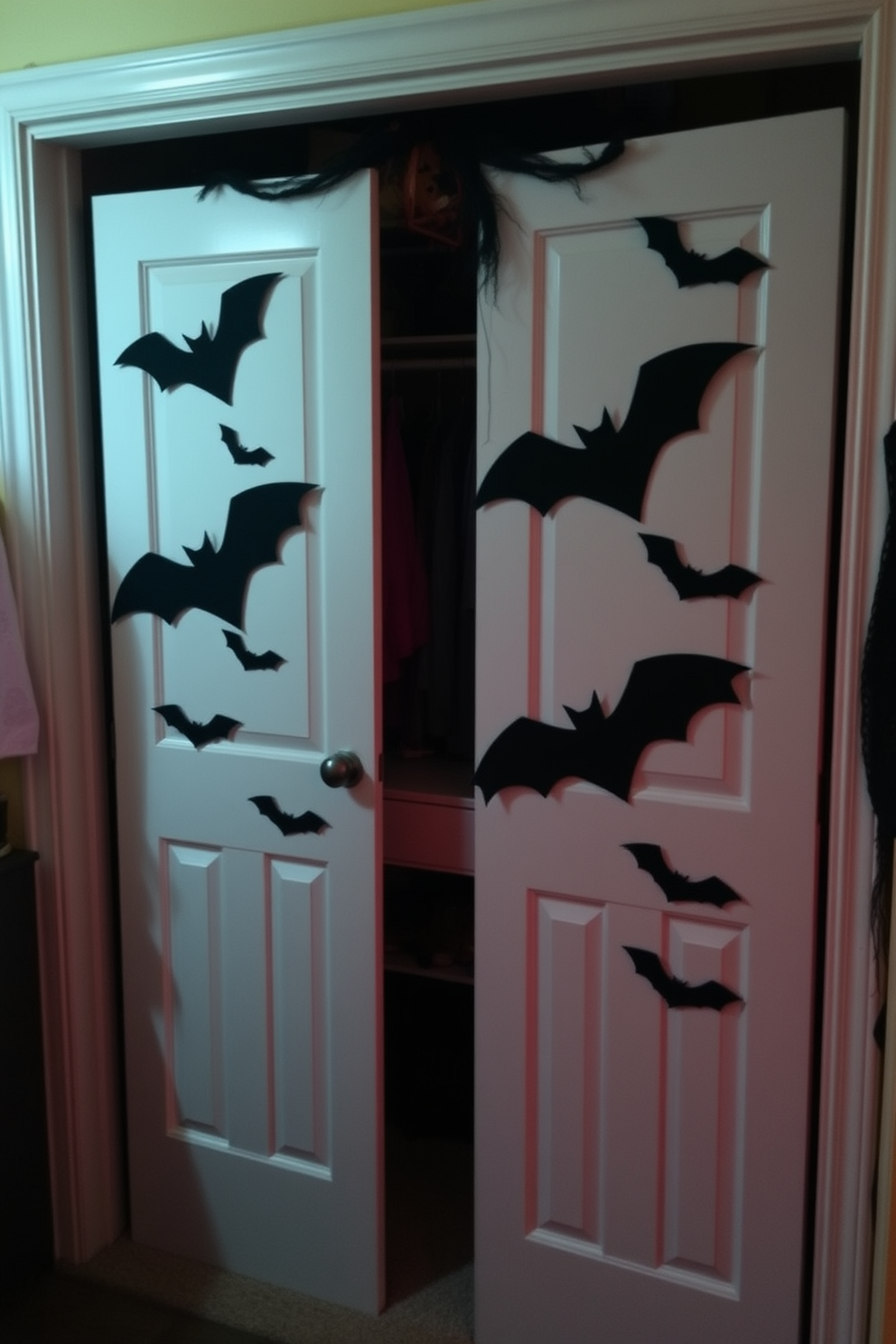 Create a spooky Halloween-themed closet featuring closet doors adorned with bat silhouettes. The interior includes dark, rich colors and themed decorations that enhance the eerie atmosphere.