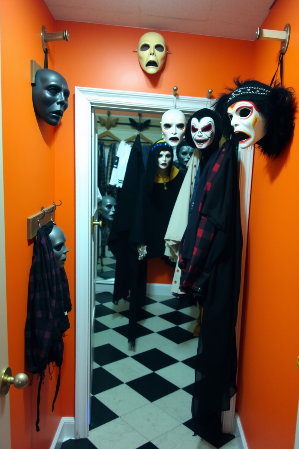 Vintage Halloween masks displayed on rustic wooden hooks create a charming and spooky atmosphere in your closet. The walls are painted in deep orange, while the floor is adorned with a black and white checkered pattern, enhancing the festive vibe.