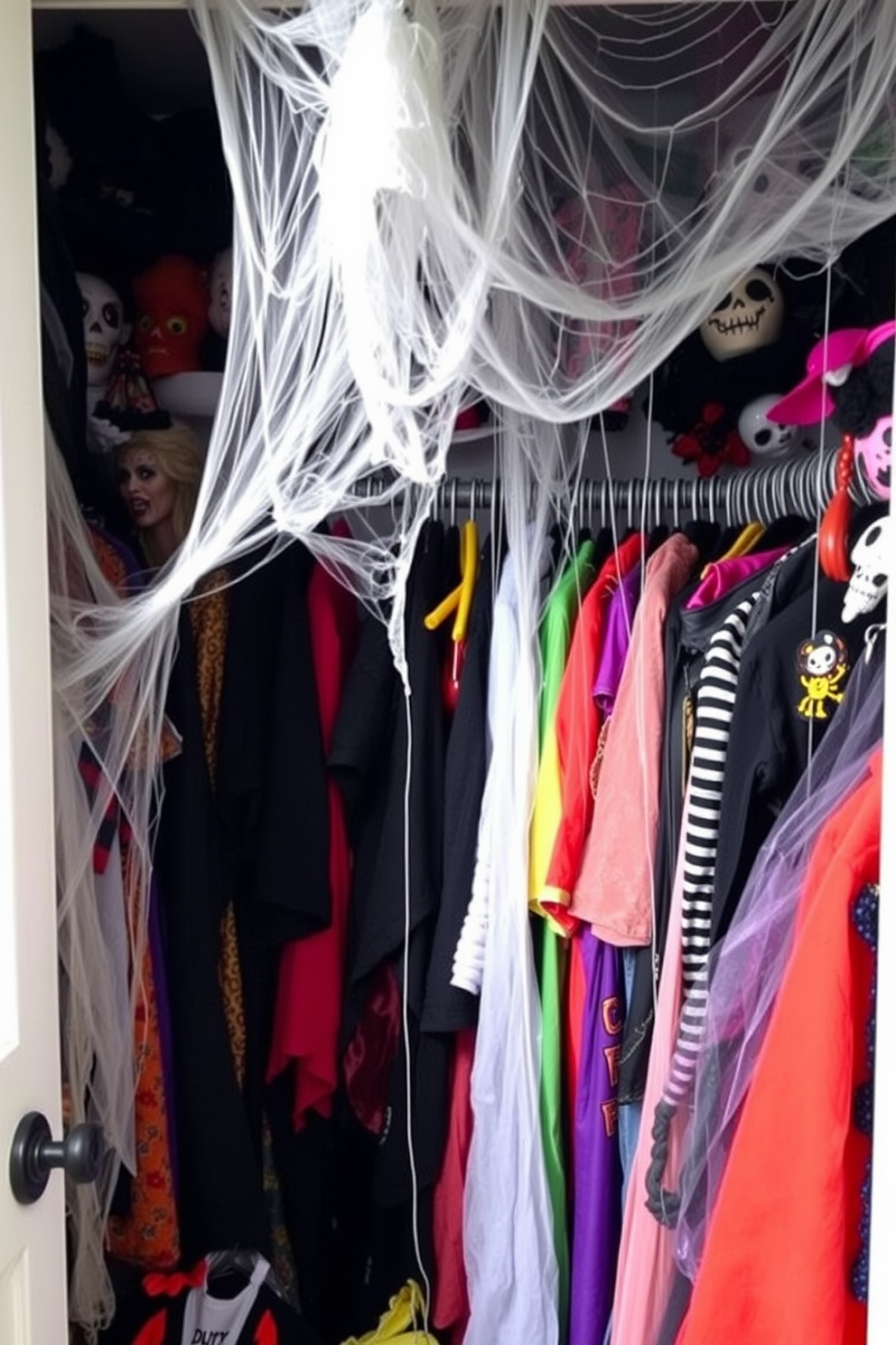 A spooky Halloween closet filled with various costumes and decorations. Spider webs are draped over colorful outfits, creating an eerie atmosphere perfect for the season.